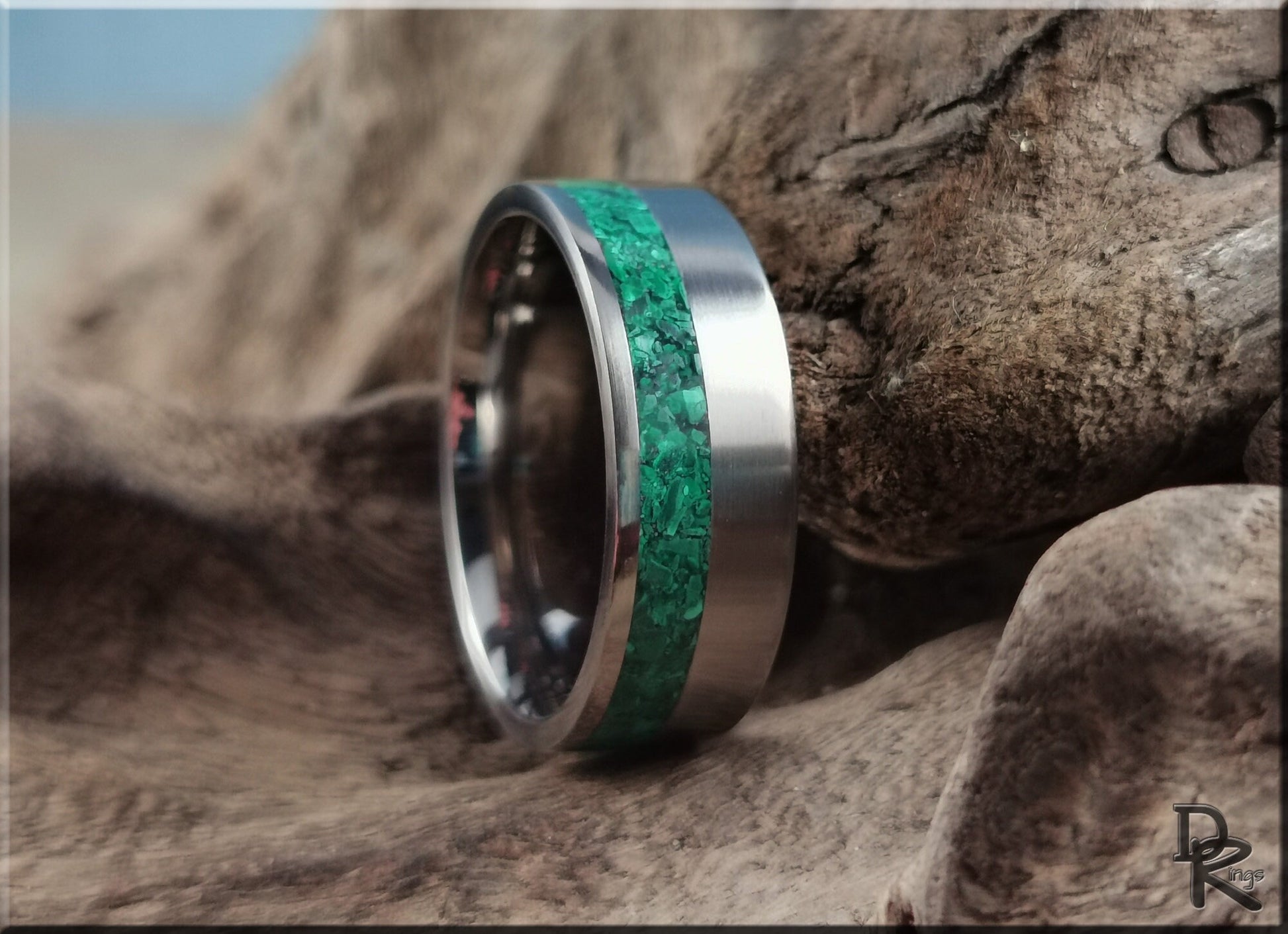 Titanium Offset 8mm Channel Ring w/Green Malachite Stone inlay