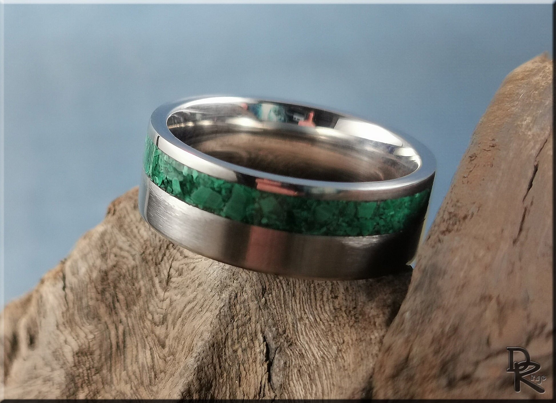 Titanium Offset 8mm Channel Ring w/Green Malachite Stone inlay