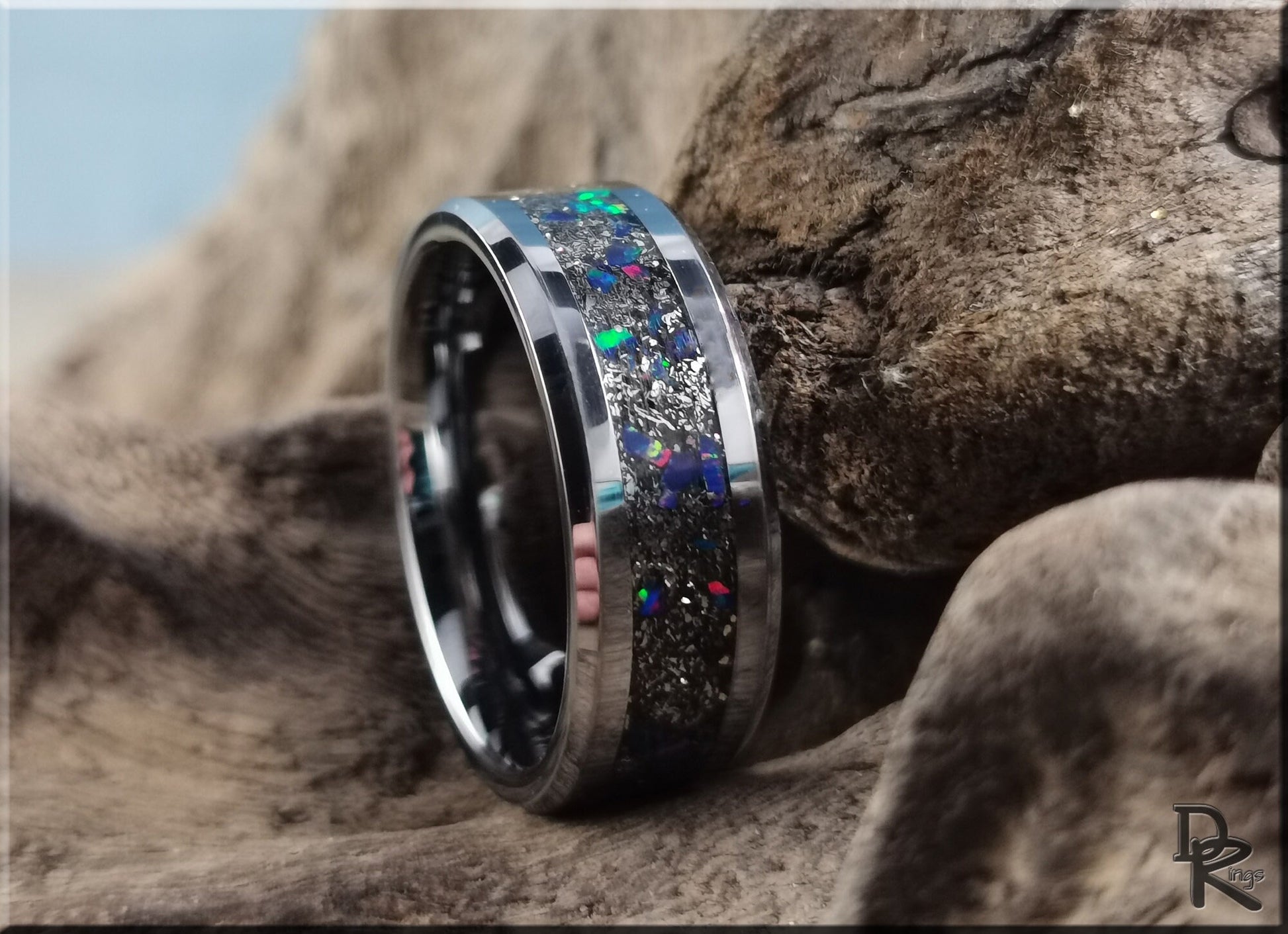 Tungsten Carbide Channel Ring w/Meteorite and Opal inlay - metal ring