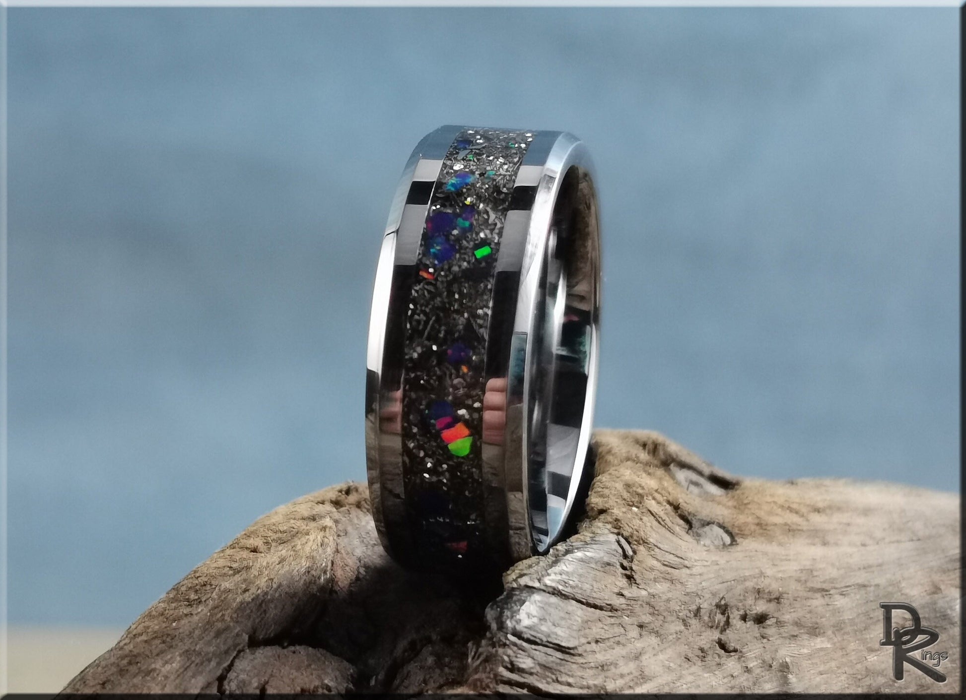 Tungsten Carbide Channel Ring w/Meteorite and Opal inlay - metal ring
