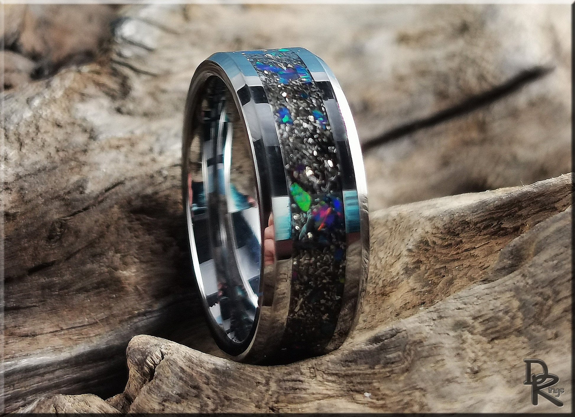 Tungsten Carbide Channel Ring w/Meteorite and Opal inlay - metal ring