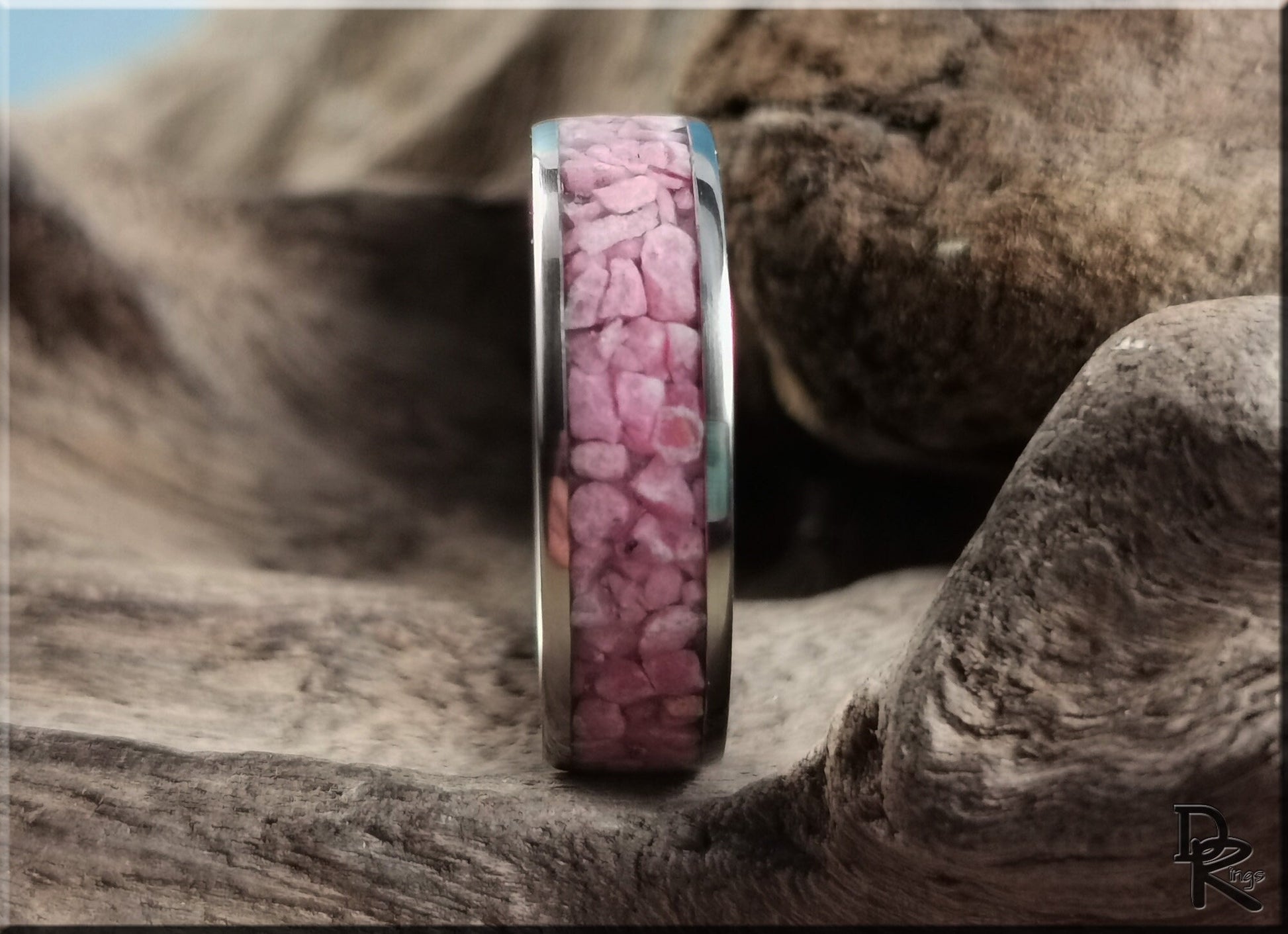 Titanium Channel Ring w/Rhodonite stone inlay - metal ring