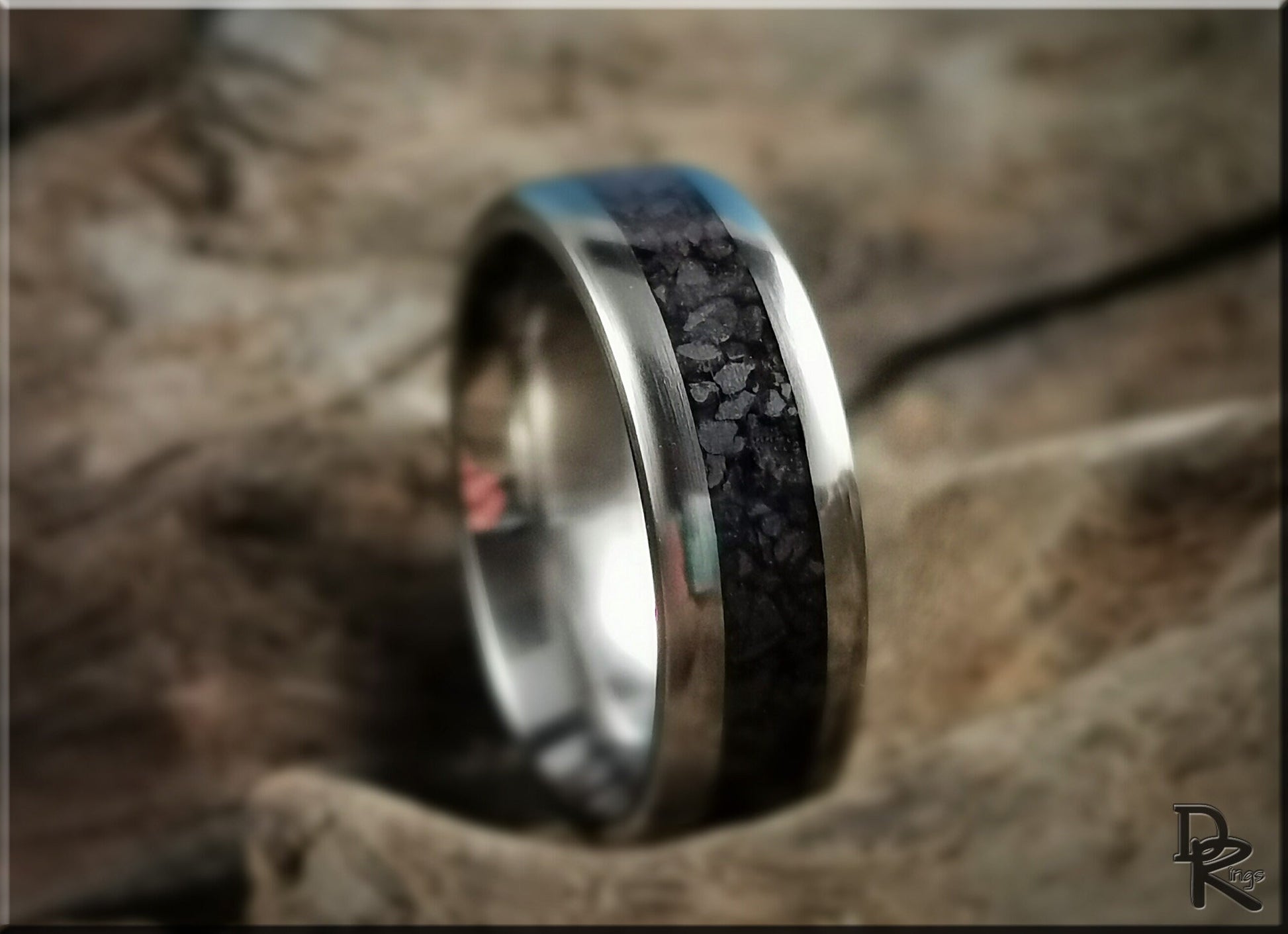 Titanium Channel Ring w/Hematite stone inlay - metal ring