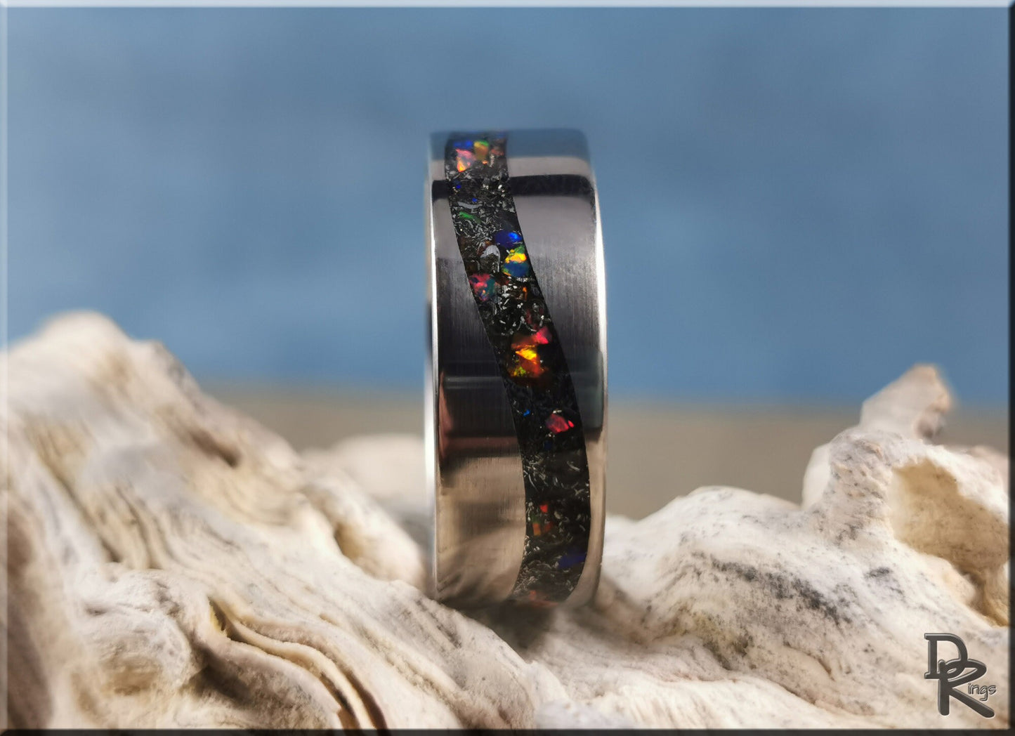 Titanium Wave 8mm Channel Ring w/Meteorite and Multi-Opal and Glow inlay - metal glow ring