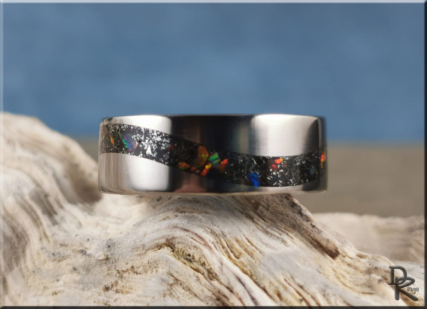 Titanium Wave 8mm Channel Ring w/Meteorite and Multi-Opal and Glow inlay - metal glow ring