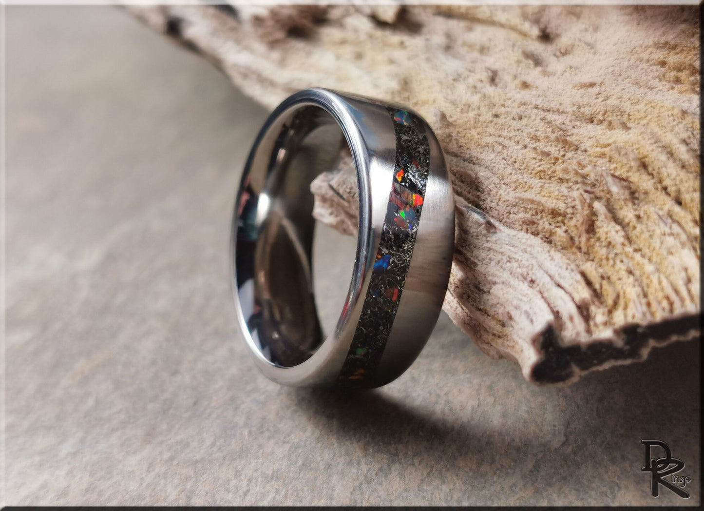 Titanium Wave 8mm Channel Ring w/Meteorite and Multi-Opal and Glow inlay - metal glow ring