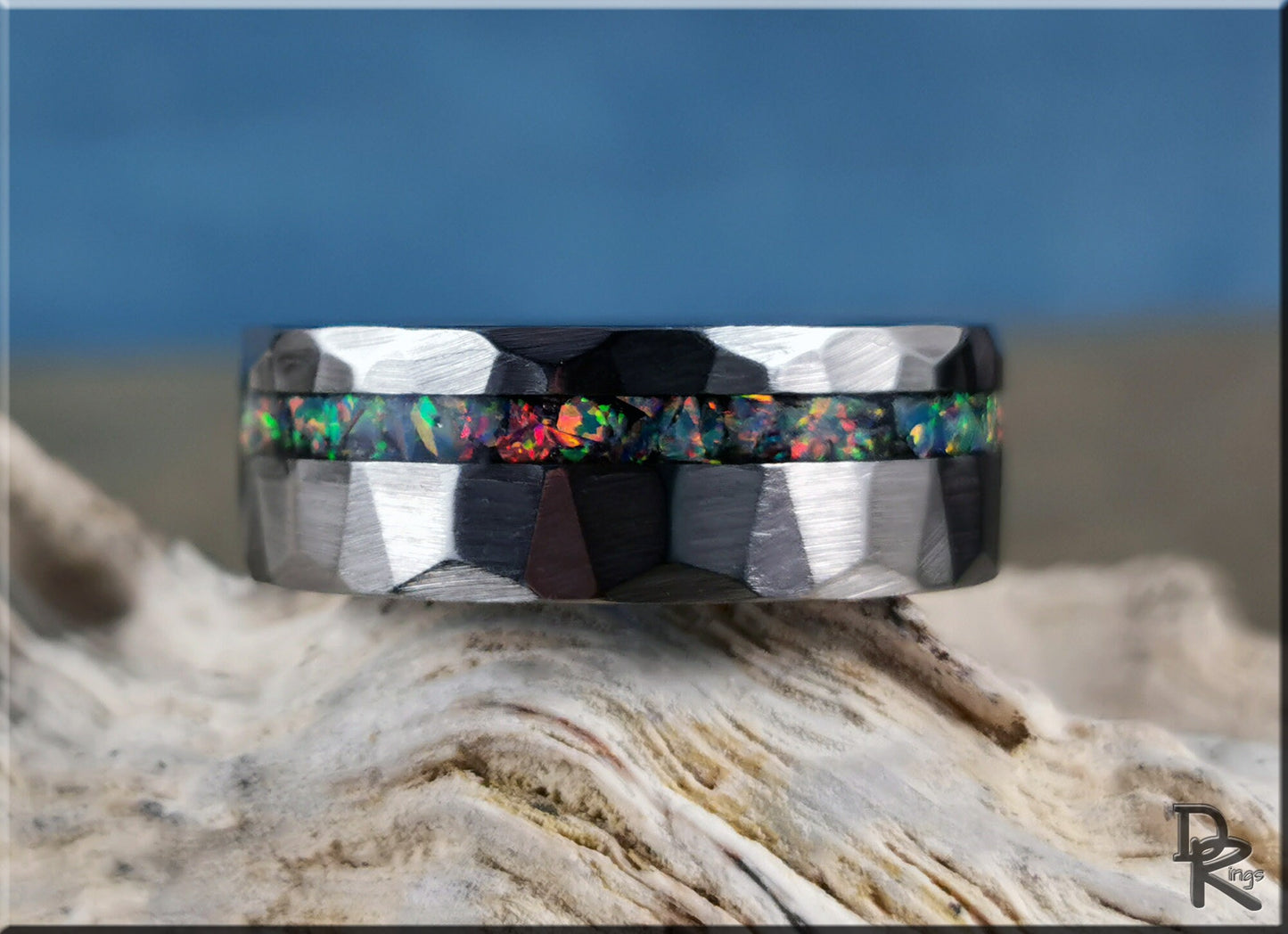 Hammered Tungsten Carbide Channel Ring w/offset Opal inlay - metal ring