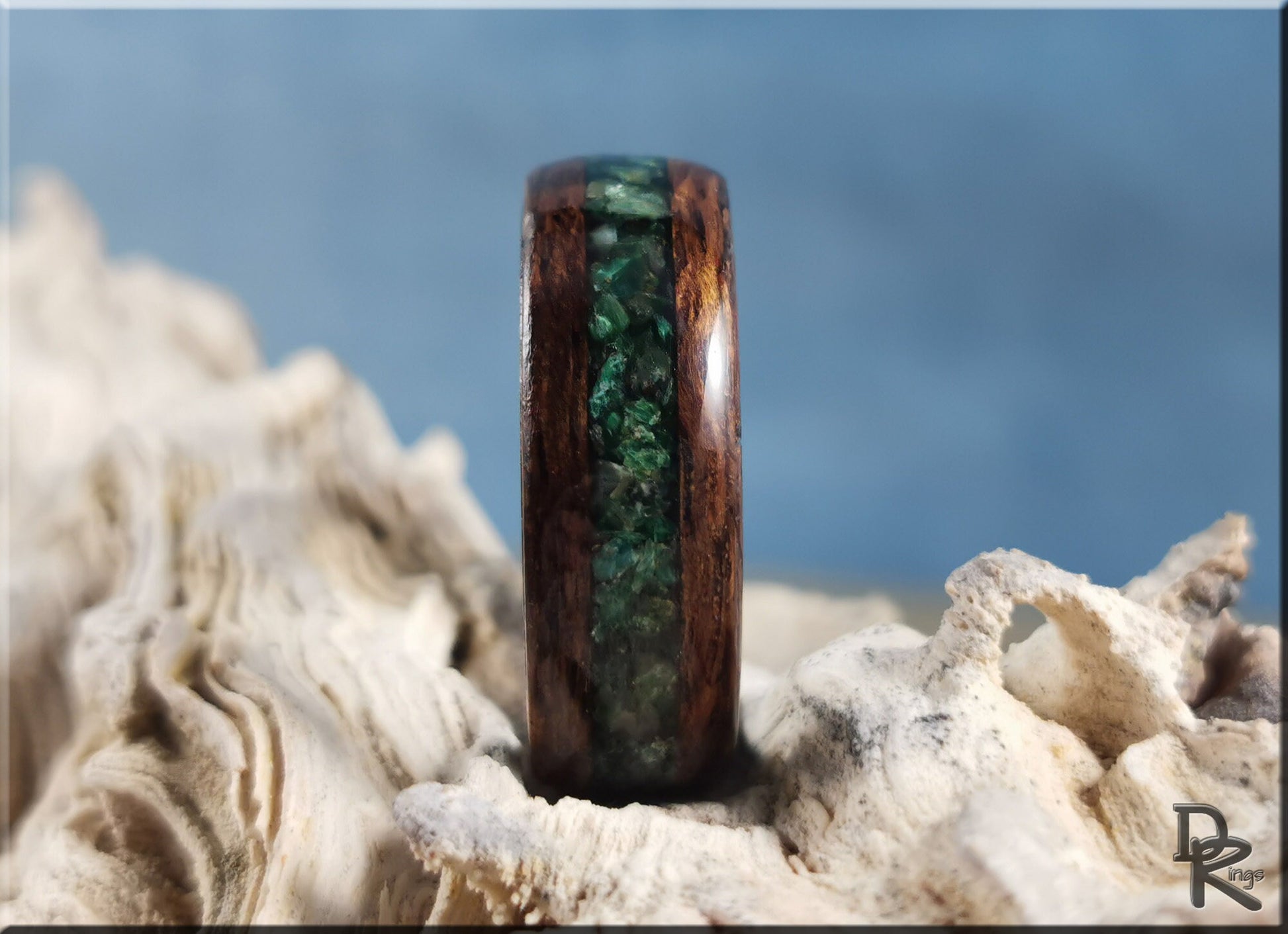 Bentwood Ring - Smoked Etimoe w/Green Mica inlay, on polished Black Ceramic ring core - Wood Ring