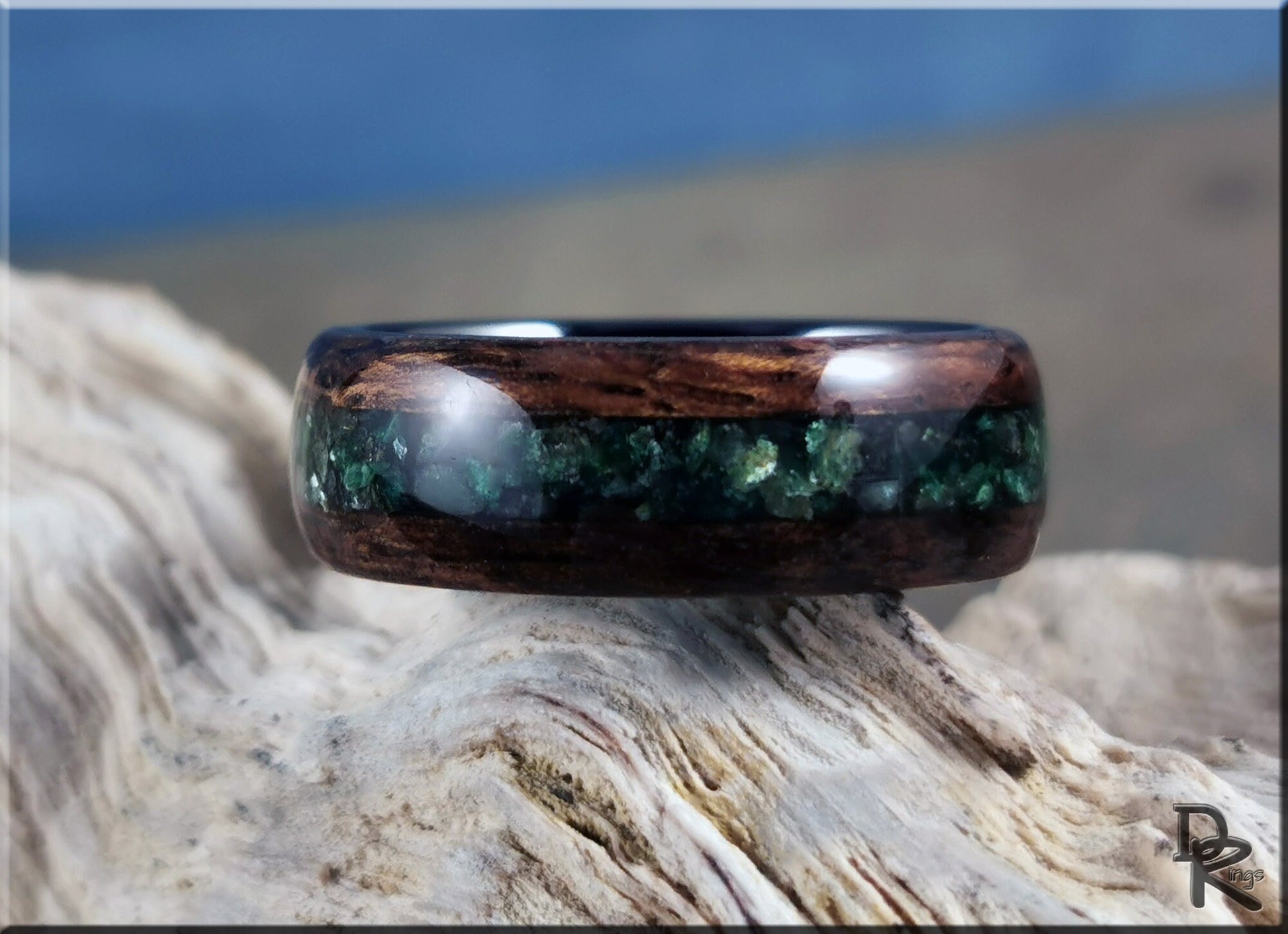 Bentwood Ring - Smoked Etimoe w/Green Mica inlay, on polished Black Ceramic ring core - Wood Ring