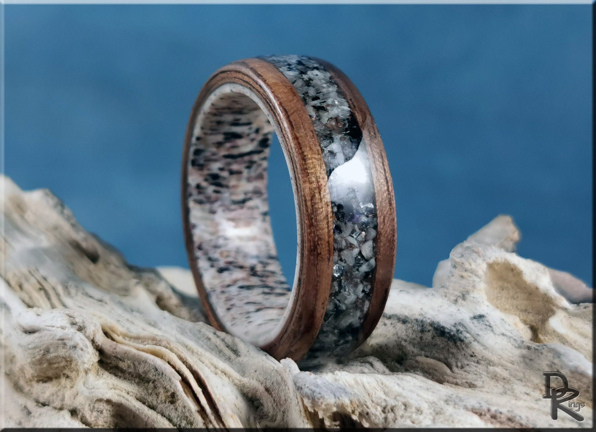 Bentwood Ring - Curly Black Walnut w/Moonstone and Mica matrix inlay on deer antler ring core - wood ring