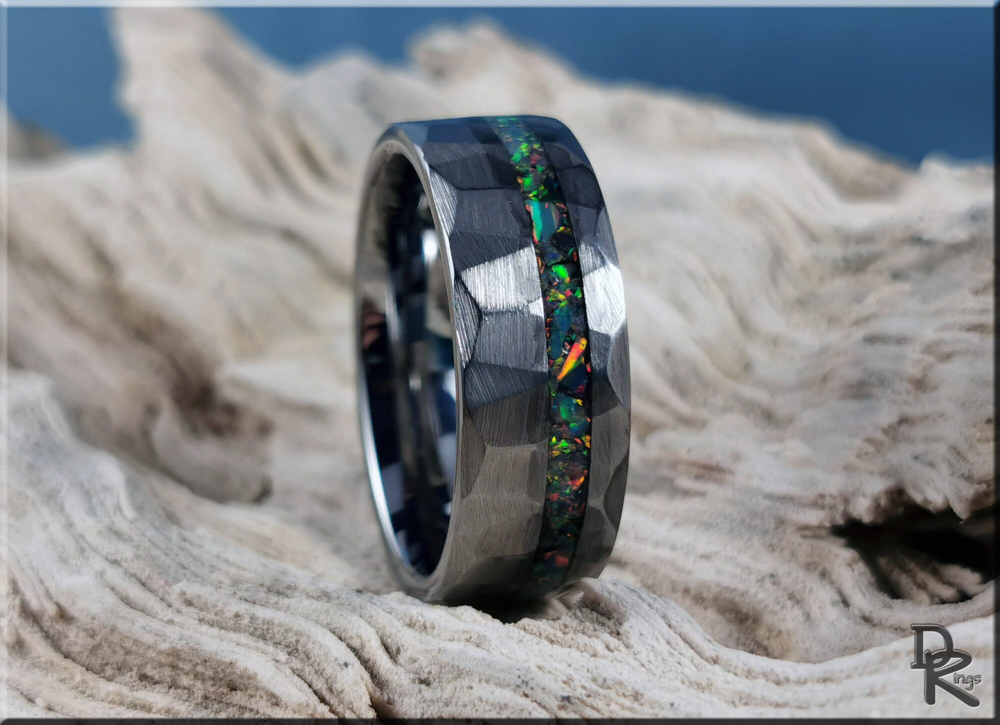 Hammered Tungsten Carbide Channel Ring w/offset Opal inlay - metal ring