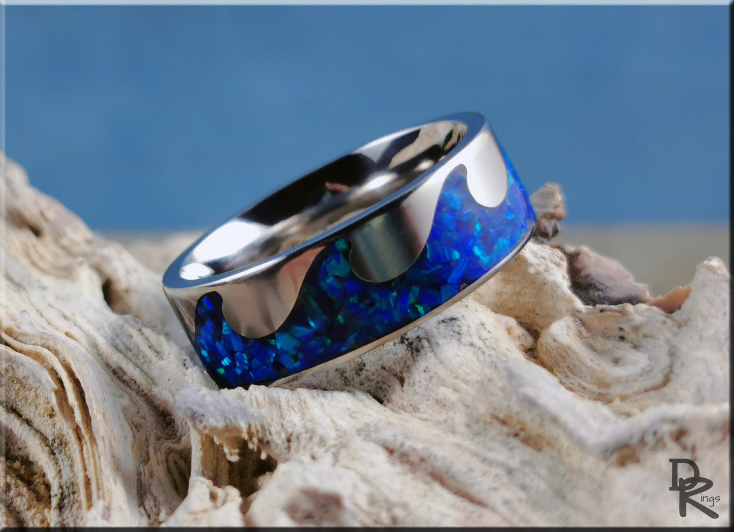 Titanium Ocean Pattern Ring w/Opal inlay - metal ring