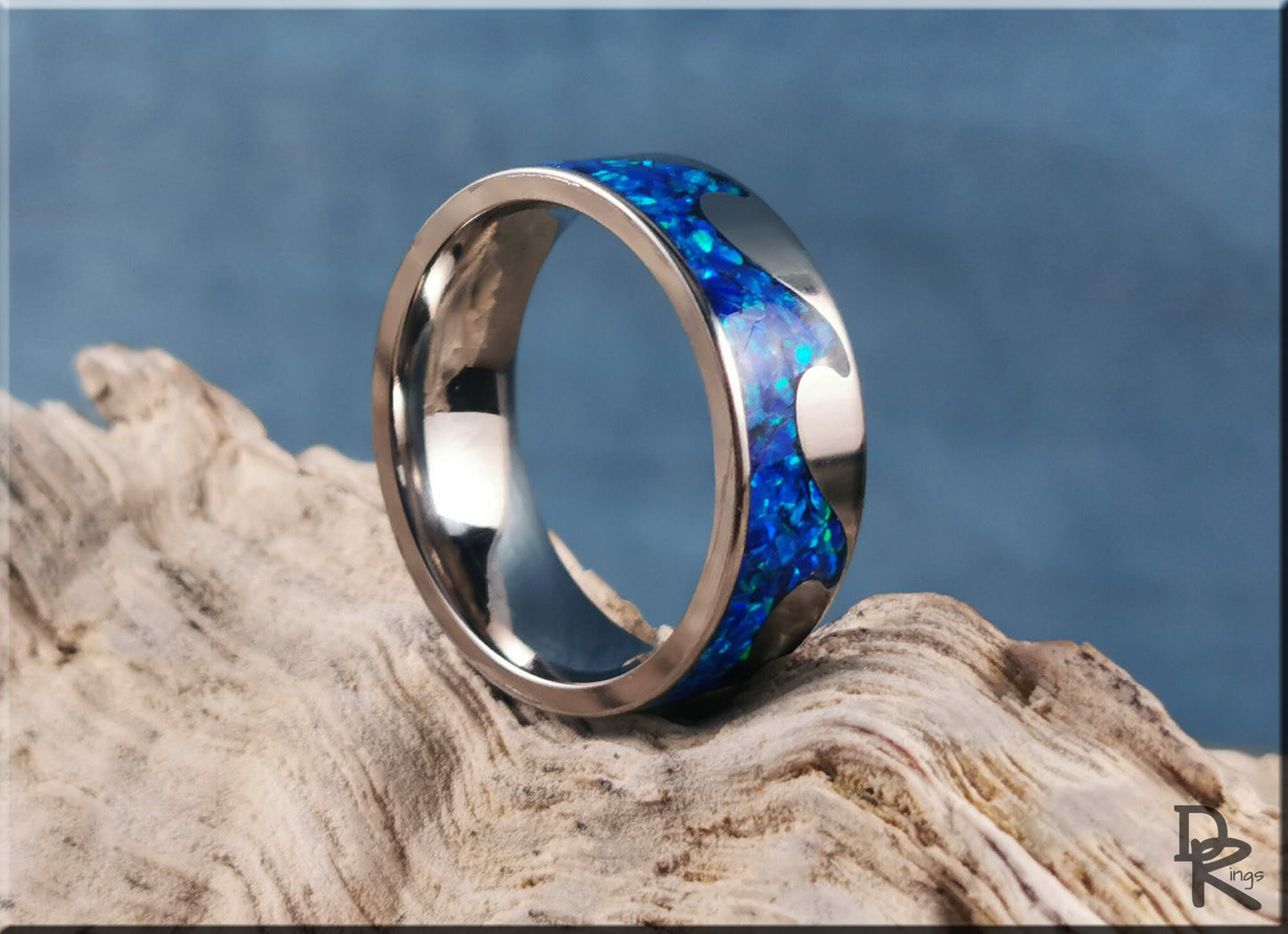 Titanium Ocean Pattern Ring w/Opal inlay - metal ring