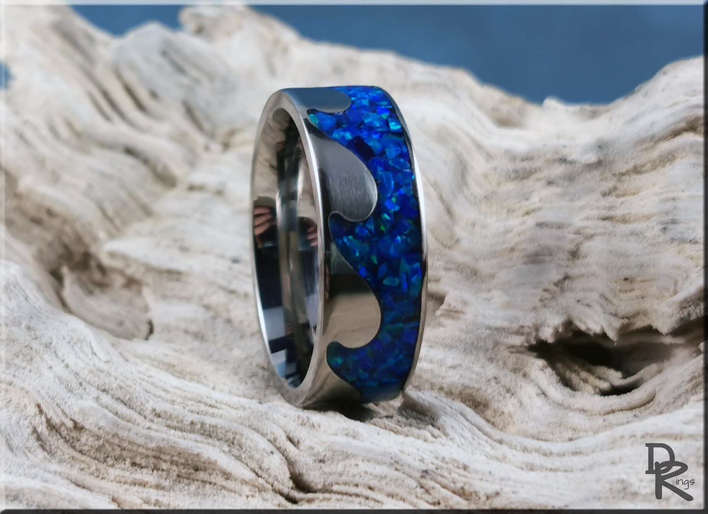 Titanium Ocean Pattern Ring w/Opal inlay - metal ring