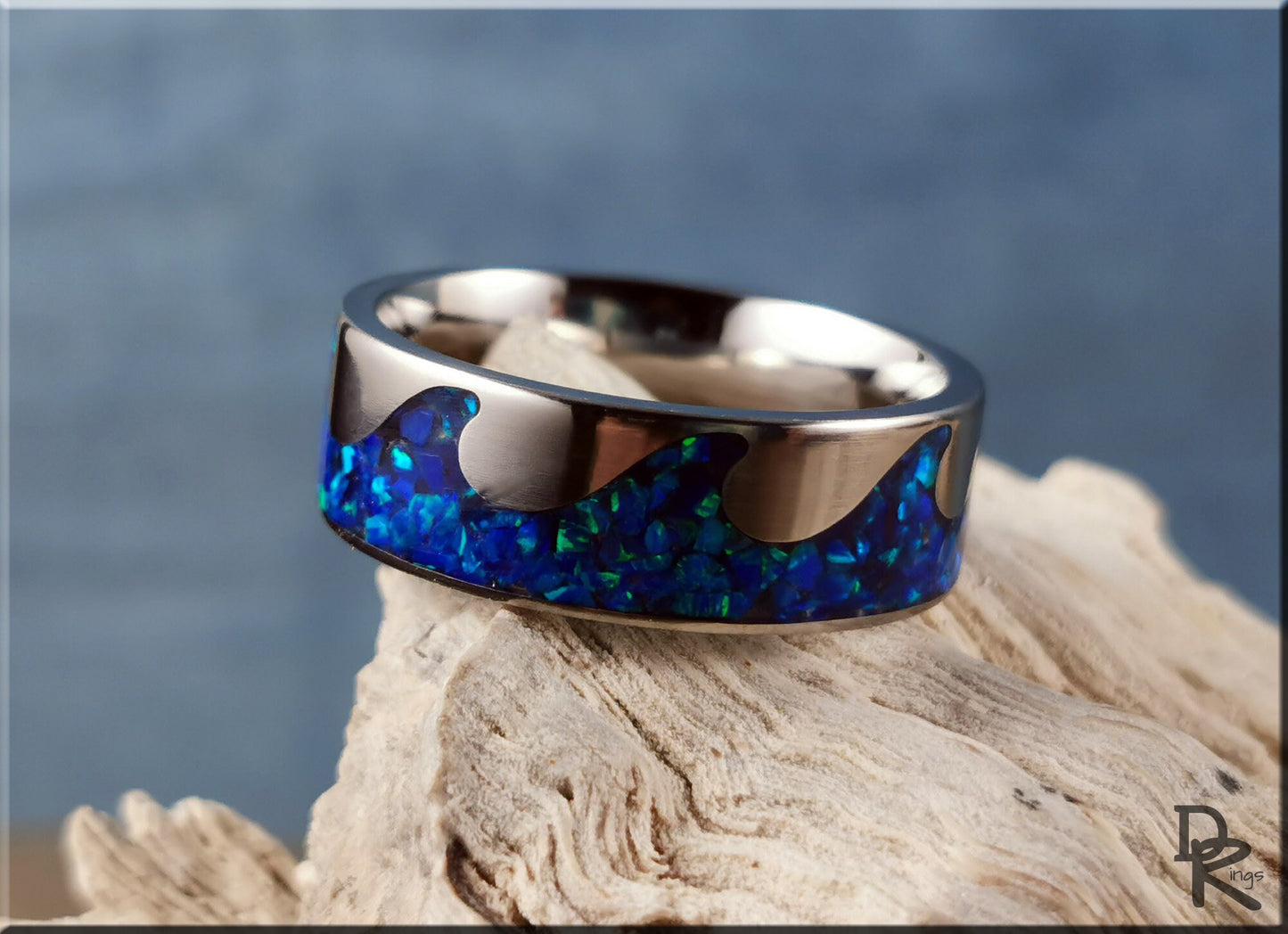 Titanium Ocean Pattern Ring w/Opal inlay - metal ring