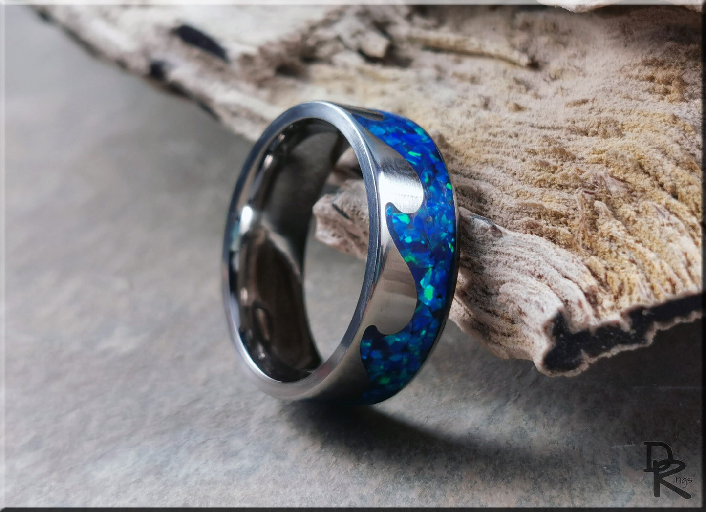 Titanium Ocean Pattern Ring w/Opal inlay - metal ring