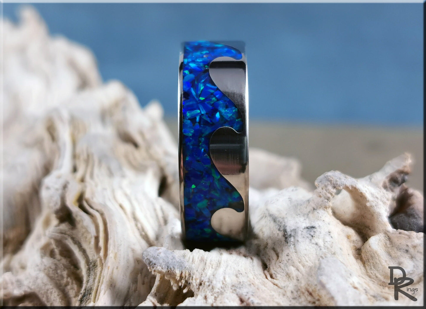 Titanium Ocean Pattern Ring w/Opal inlay - metal ring
