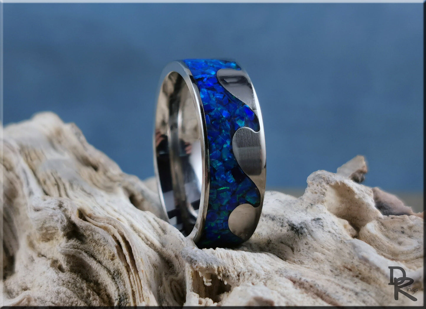 Titanium Ocean Pattern Ring w/Opal inlay - metal ring