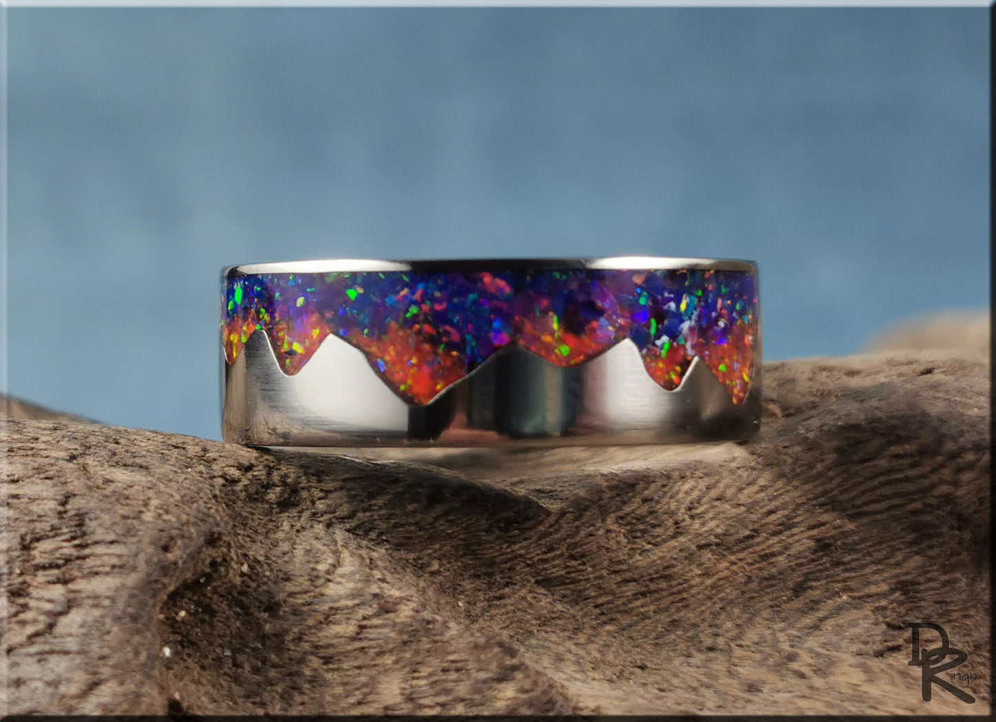 Titanium 'Sunset Mountain' Ring w/Multi-opal inlay - metal ring