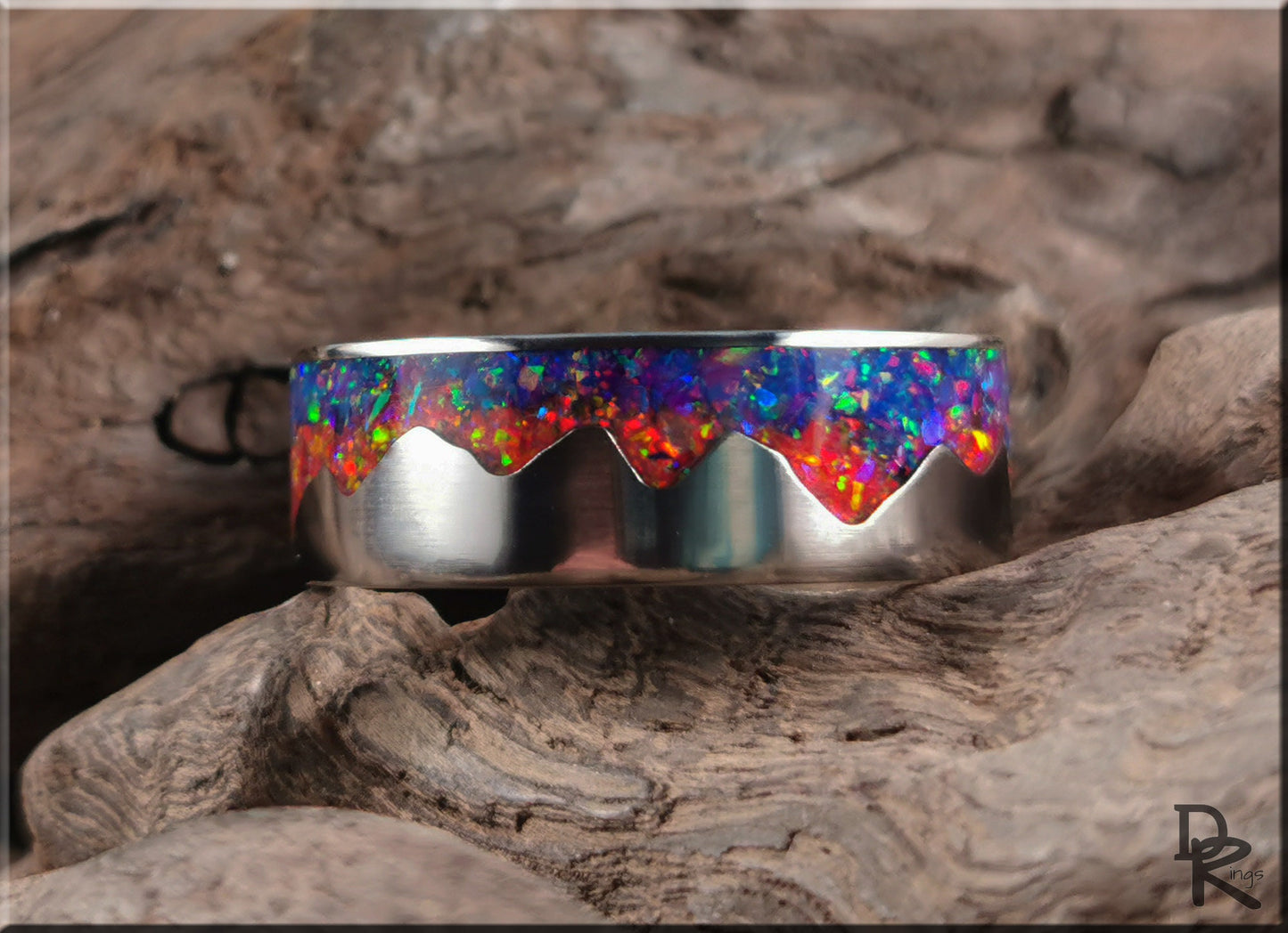 Titanium 'Sunset Mountain' Ring w/Multi-opal inlay - metal ring