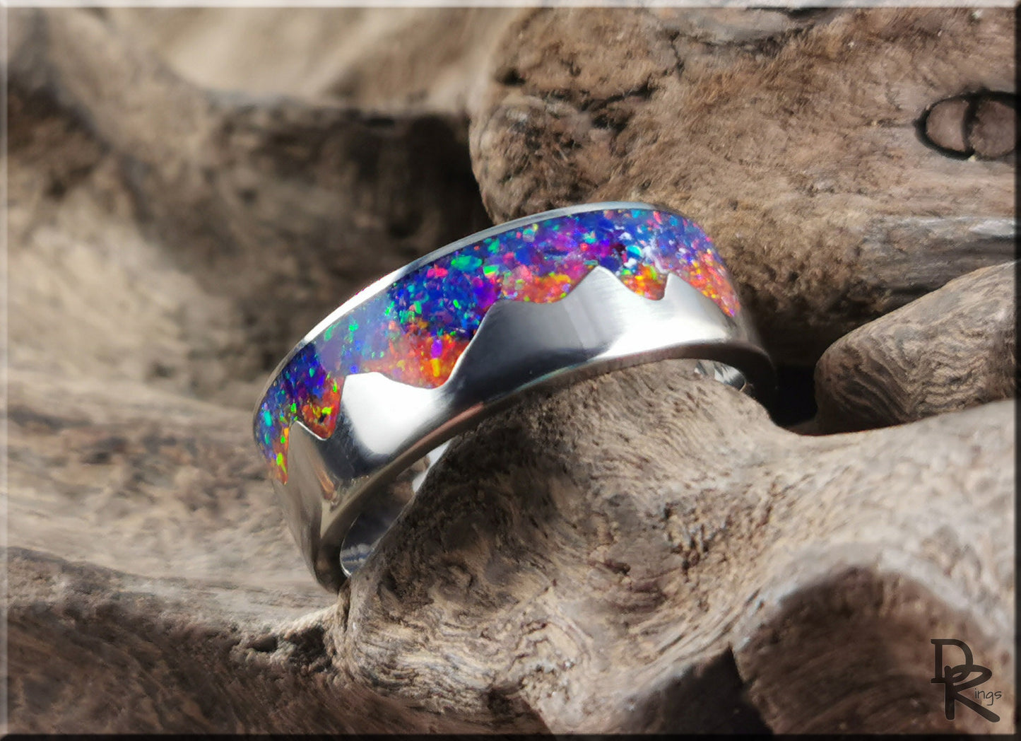 Titanium 'Sunset Mountain' Ring w/Multi-opal inlay - metal ring
