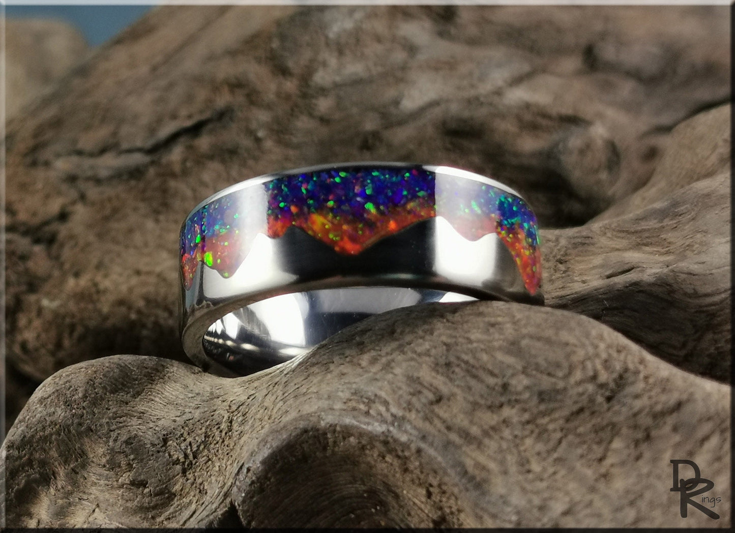 Titanium 'Sunset Mountain' Ring w/Multi-opal inlay - metal ring