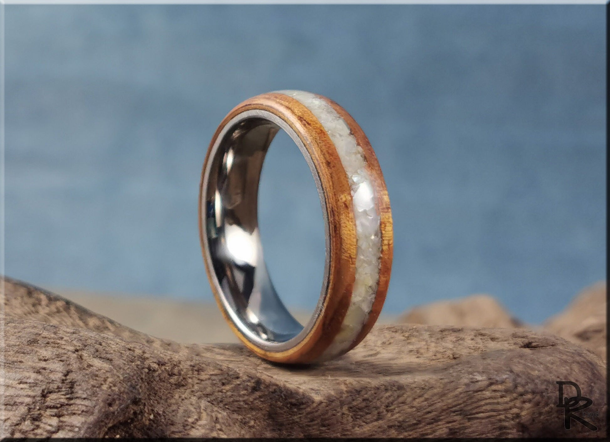 Bentwood Ring - Golden Hawaiian Koa w/Mother of Pearl inlay on titanium ring core - wood ring