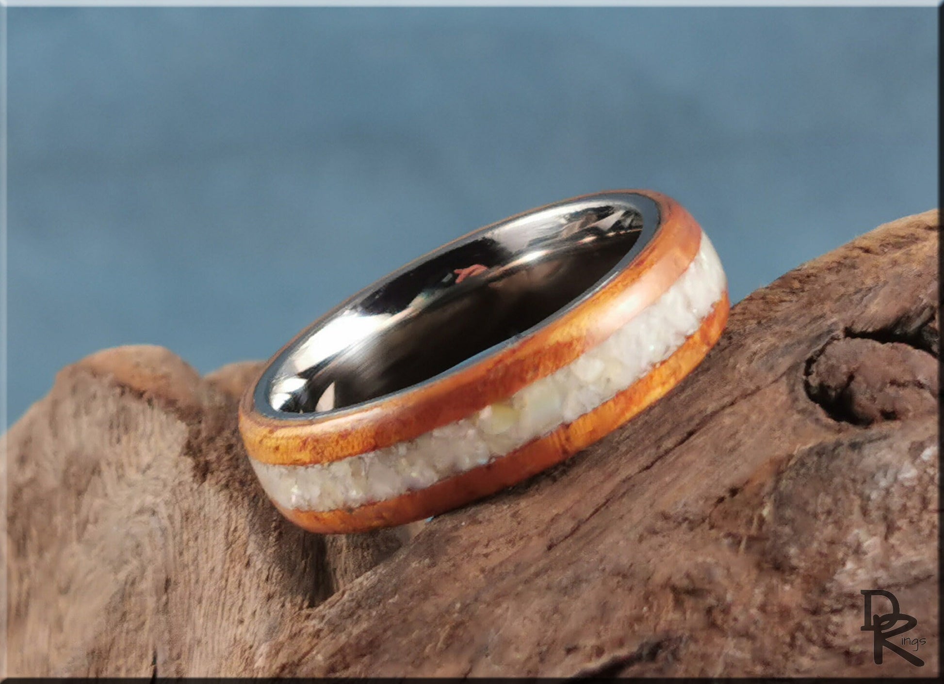 Bentwood Ring - Golden Hawaiian Koa w/Mother of Pearl inlay on titanium ring core - wood ring