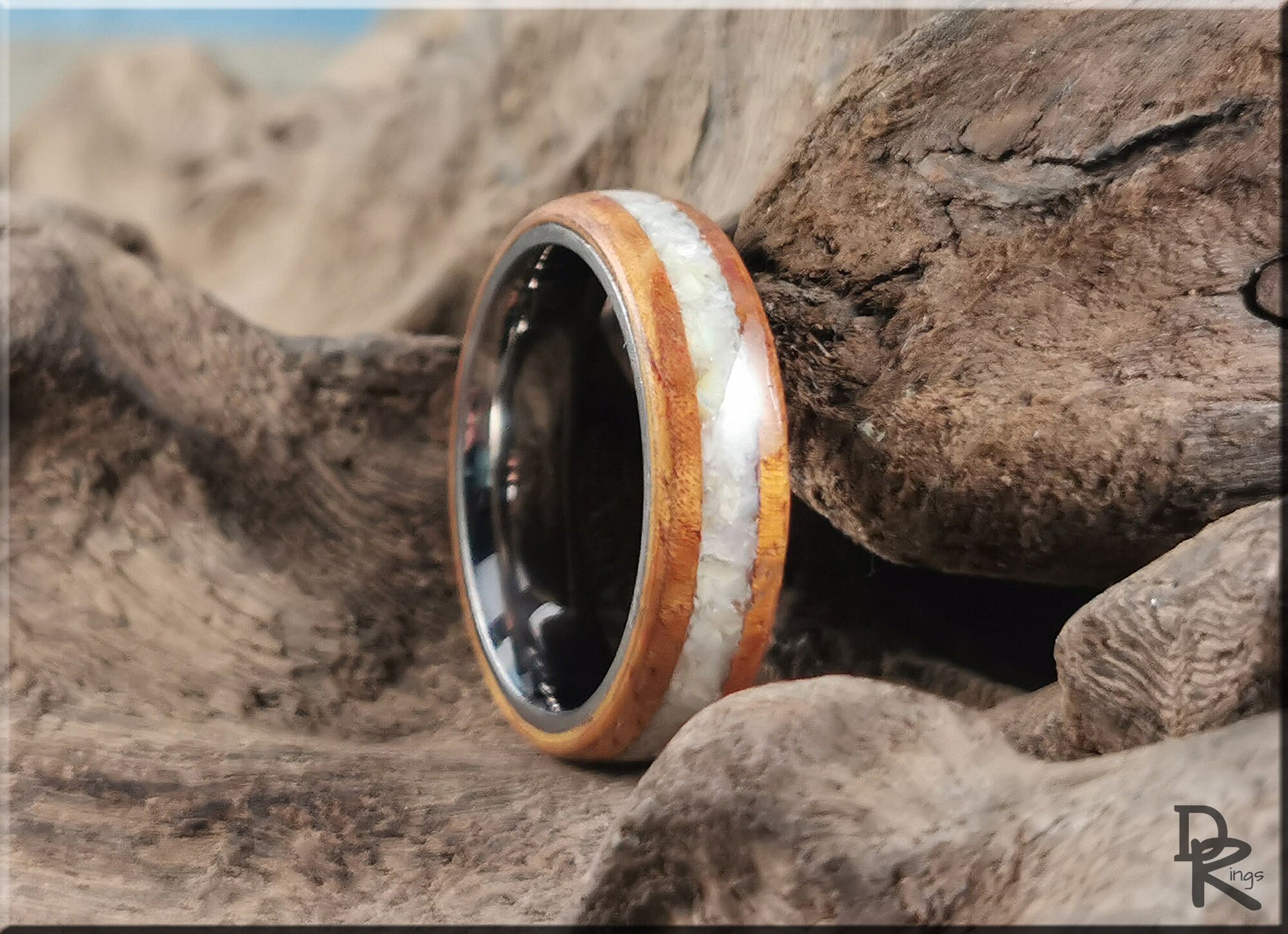 Bentwood Ring - Golden Hawaiian Koa w/Mother of Pearl inlay on titanium ring core - wood ring