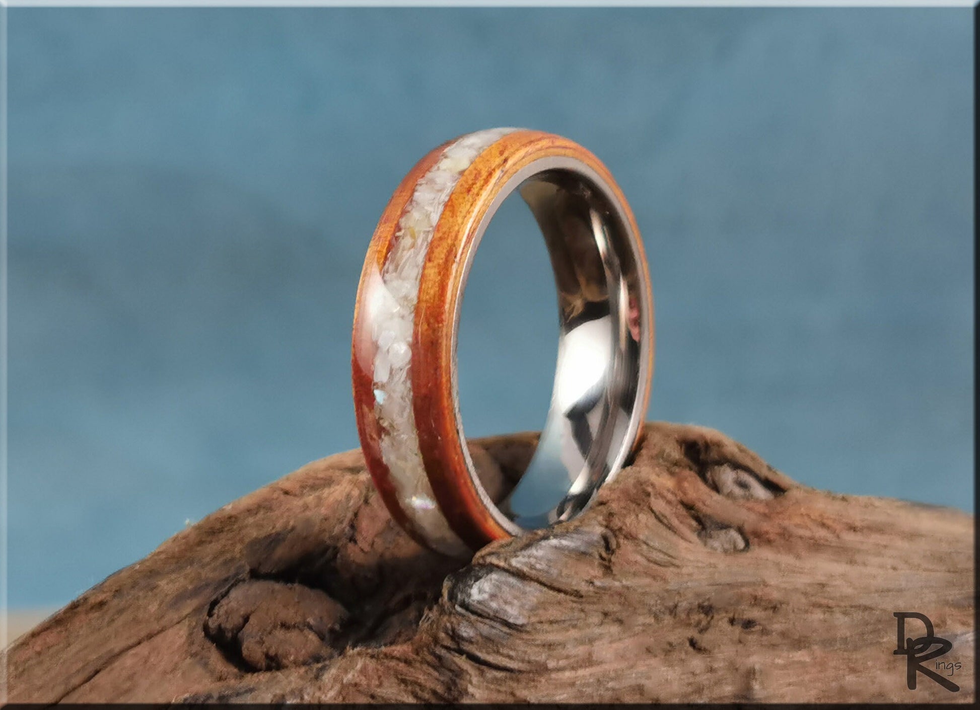 Bentwood Ring - Golden Hawaiian Koa w/Mother of Pearl inlay on titanium ring core - wood ring