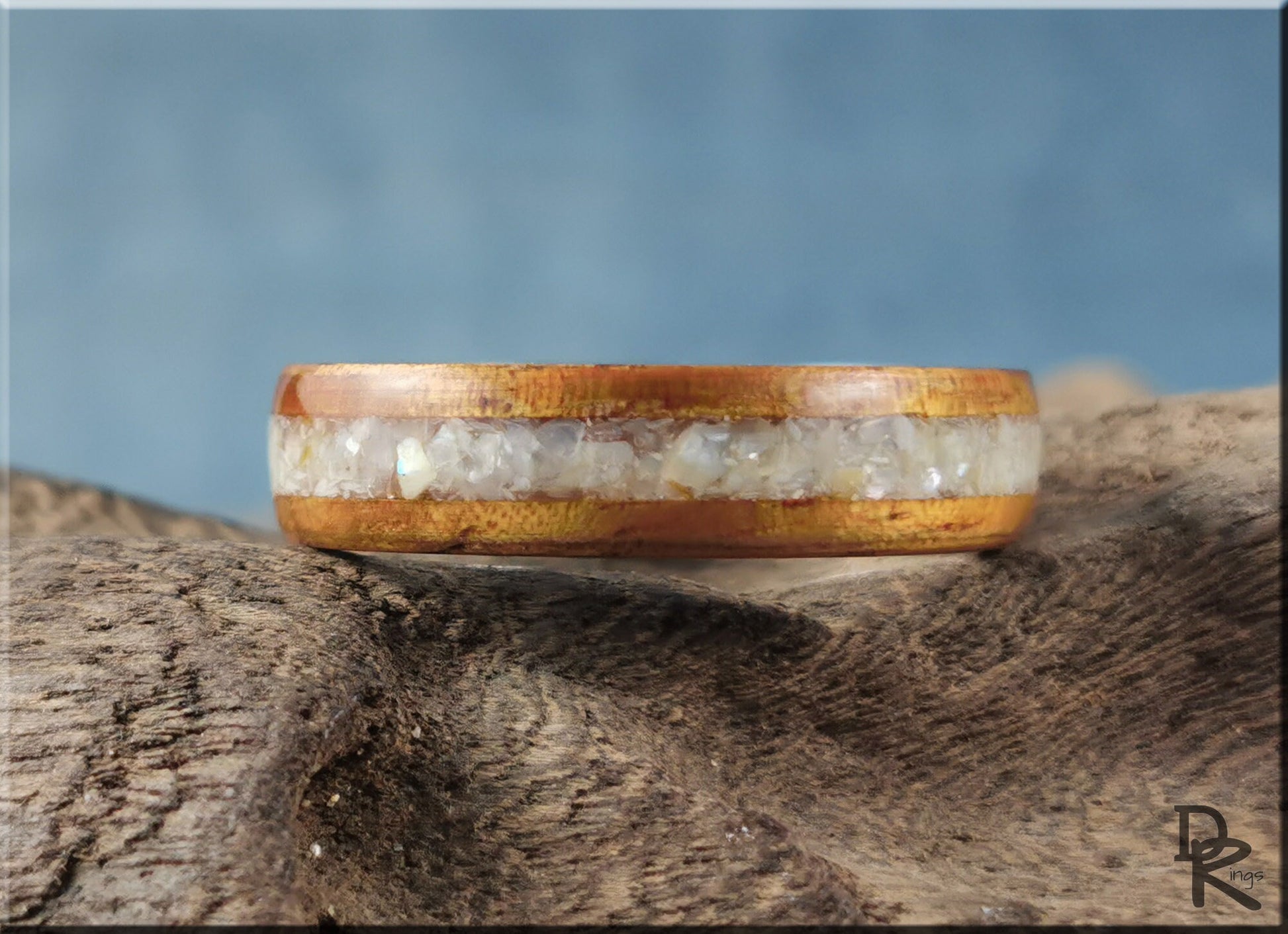 Bentwood Ring - Golden Hawaiian Koa w/Mother of Pearl inlay on titanium ring core - wood ring