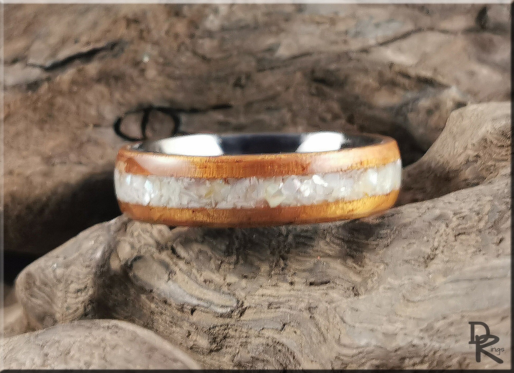 Bentwood Ring - Golden Hawaiian Koa w/Mother of Pearl inlay on titanium ring core - wood ring