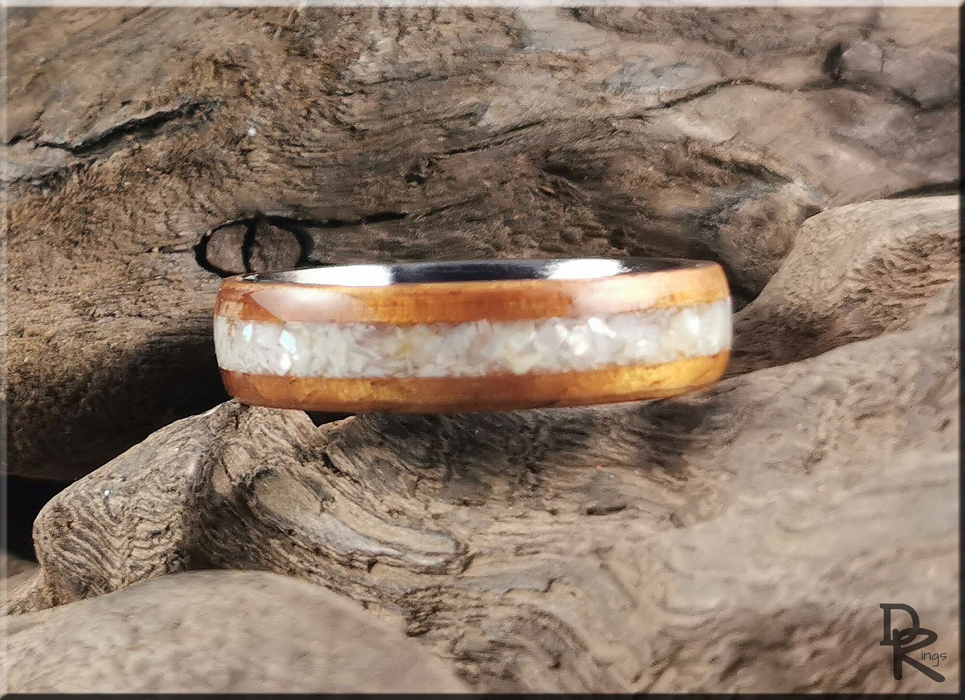 Bentwood Ring - Golden Hawaiian Koa w/Mother of Pearl inlay on titanium ring core - wood ring