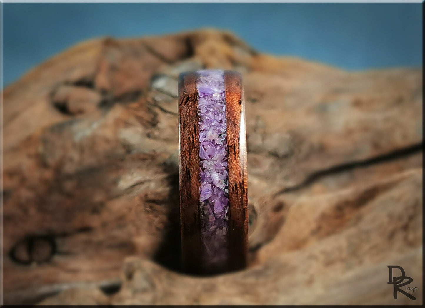 Bentwood Ring - Curly Black Walnut w/Charoite Stone inlay, on Olivewood ring core - wood ring