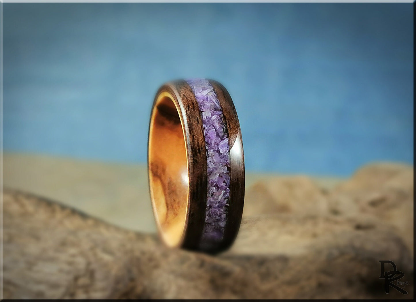 Bentwood Ring - Curly Black Walnut w/Charoite Stone inlay, on Olivewood ring core - wood ring