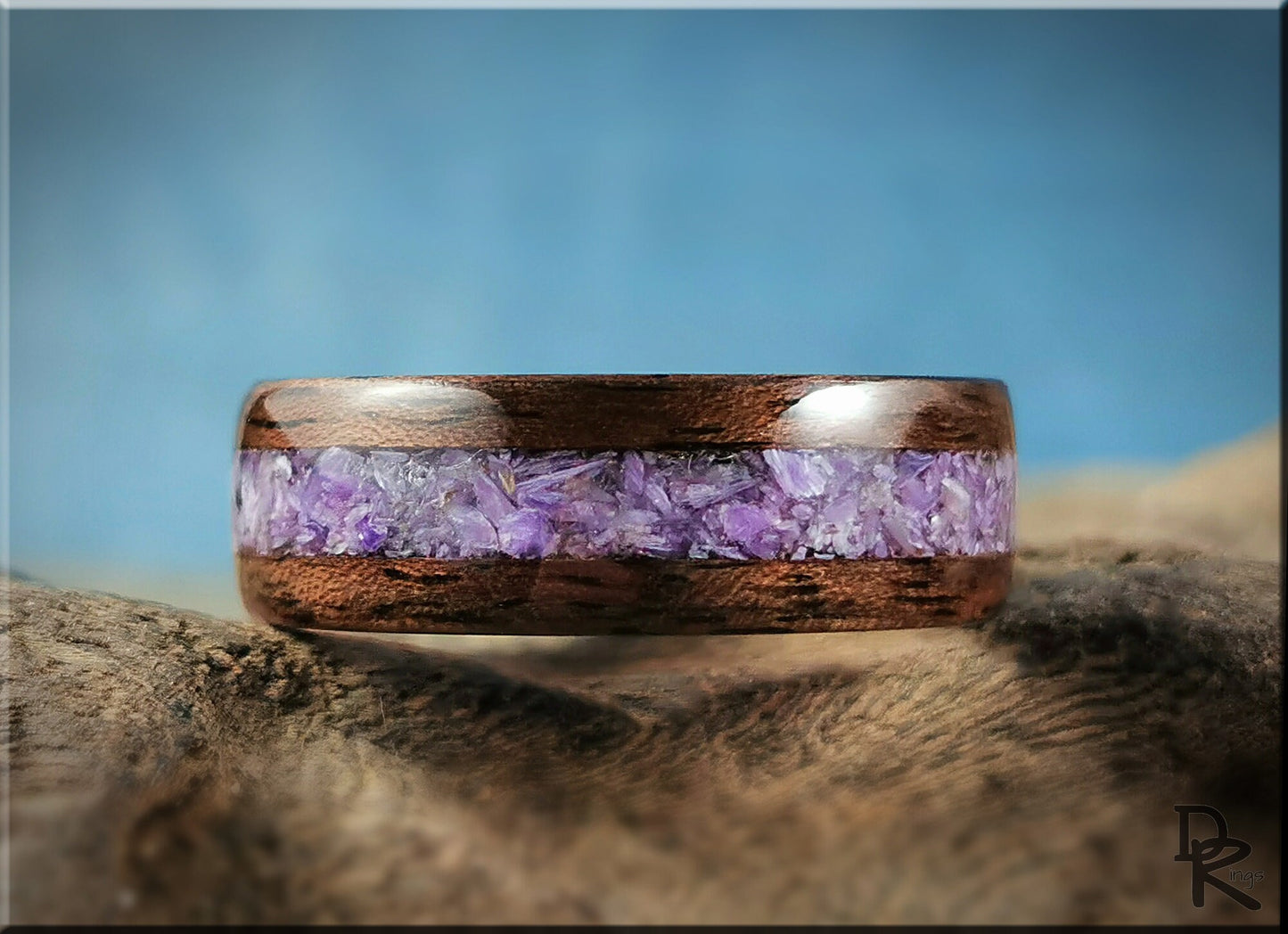 Bentwood Ring - Curly Black Walnut w/Charoite Stone inlay, on Olivewood ring core - wood ring