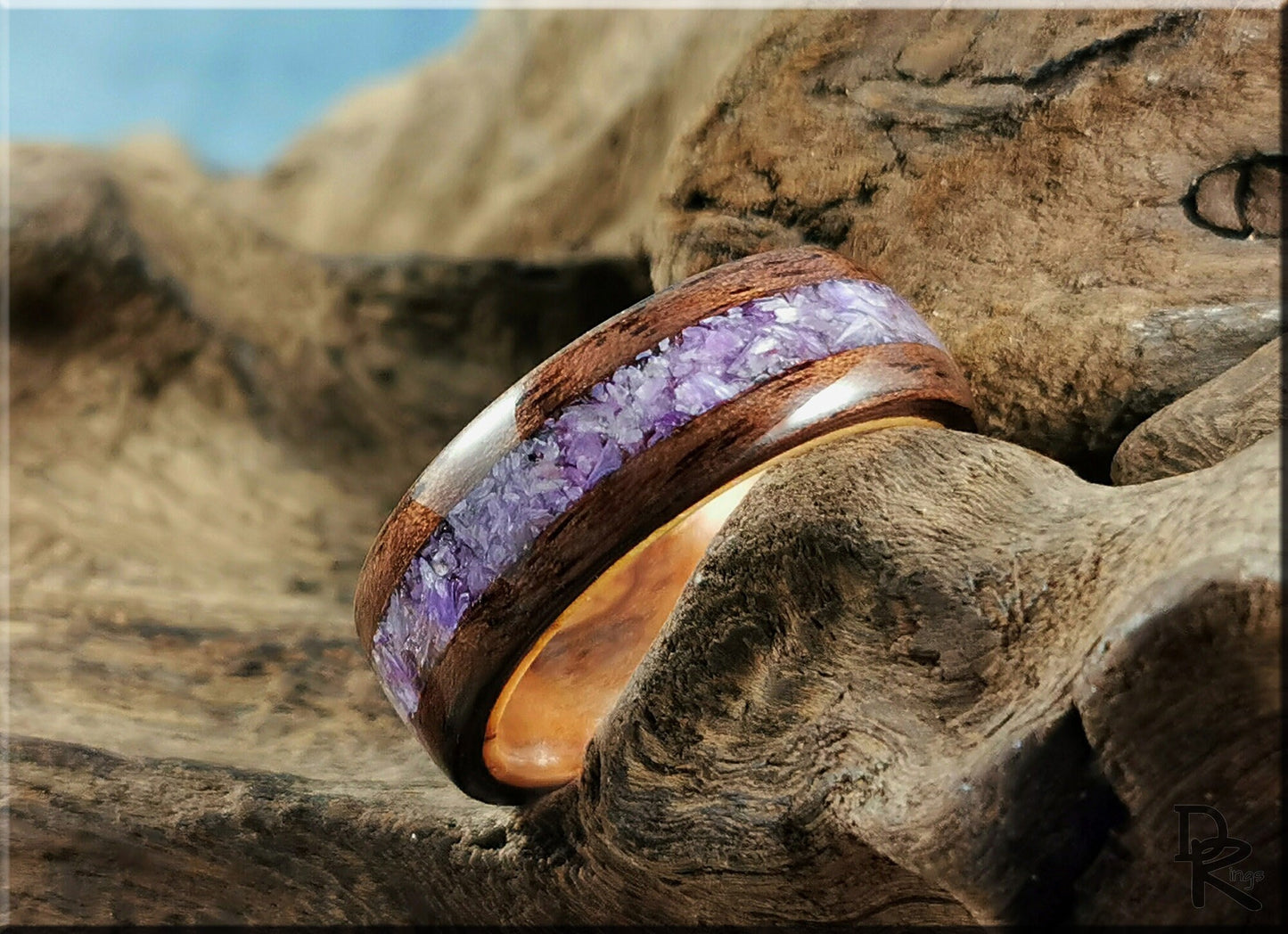Bentwood Ring - Curly Black Walnut w/Charoite Stone inlay, on Olivewood ring core - wood ring