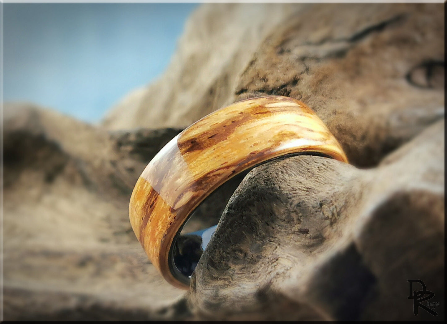 Bentwood Ring - Marbled Zebrano on Polished Black Ceramic inner ring core - wood ring