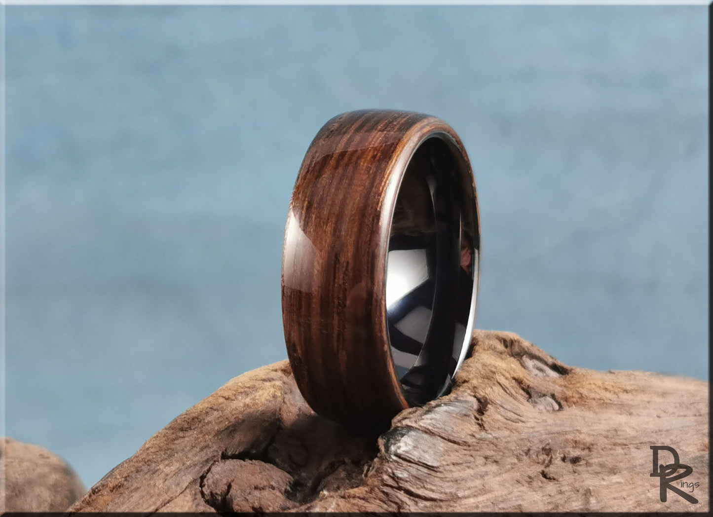 Bentwood Ring - Ancient Bog Oak on Polished Black Ceramic inner ring core - wood ring
