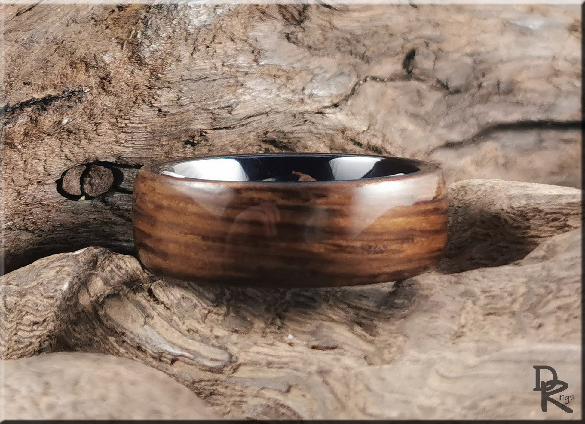 Bentwood Ring - Ancient Bog Oak on Polished Black Ceramic inner ring core - wood ring