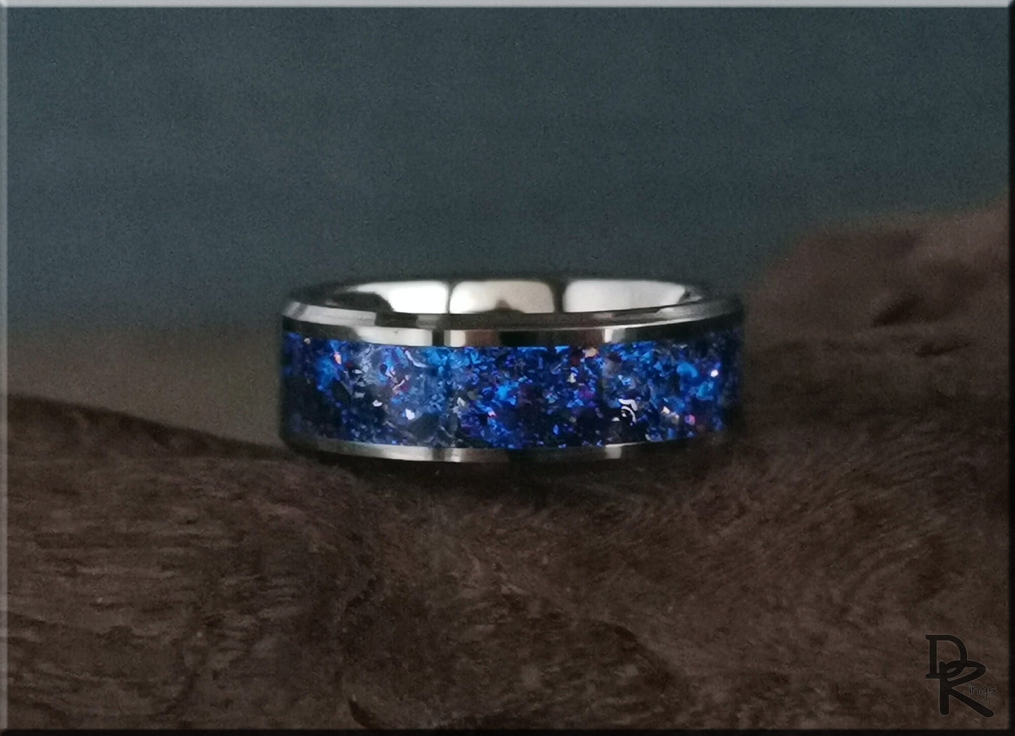 Tungsten Carbide Channel Ring w/Dinosaur Bone, Meteorite, Copper, Opal, and Blue Glow inlay - metal ring