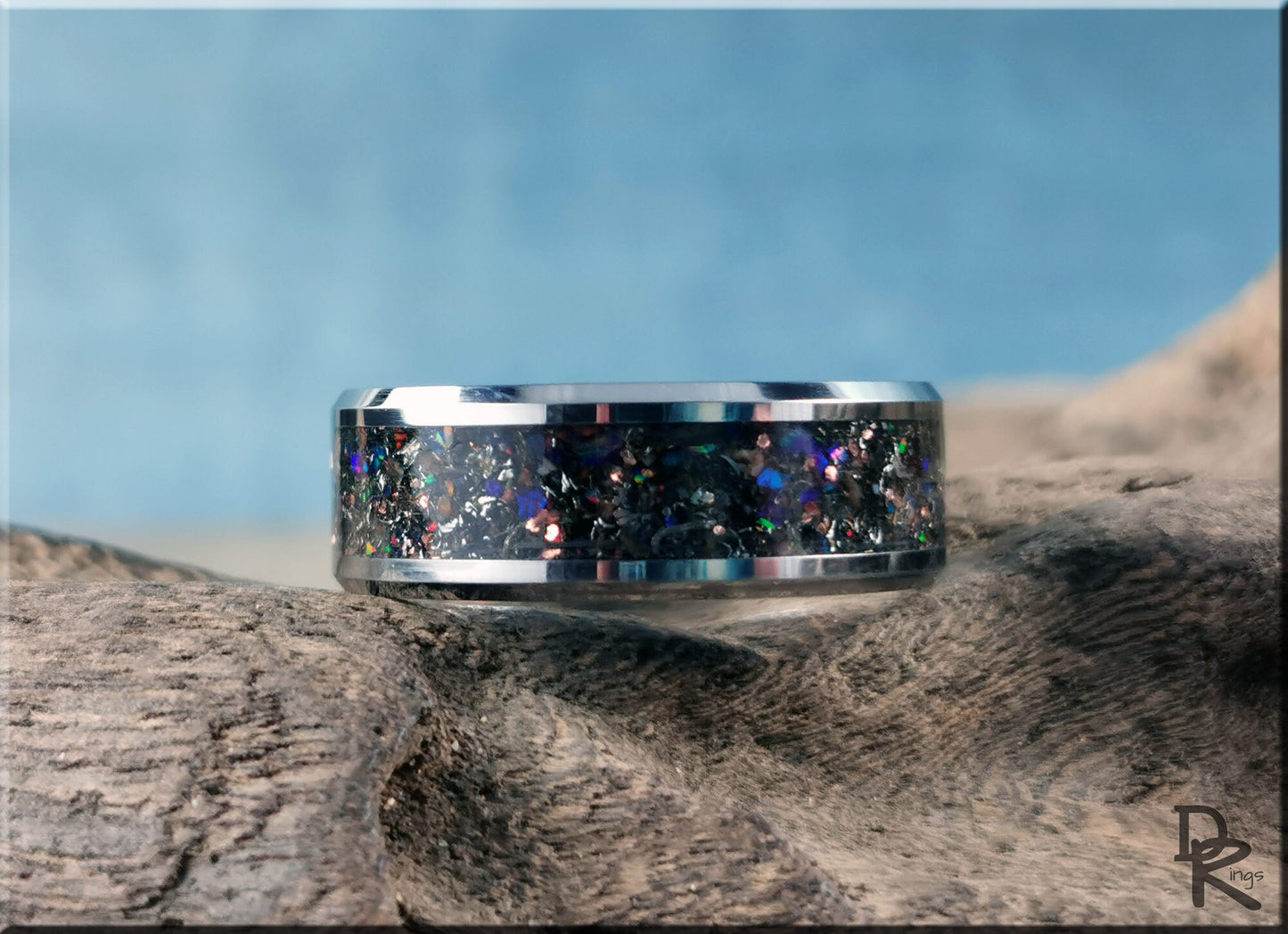 Tungsten Carbide Channel Ring w/Dinosaur Bone, Meteorite, Copper, Opal, and Blue Glow inlay - metal ring
