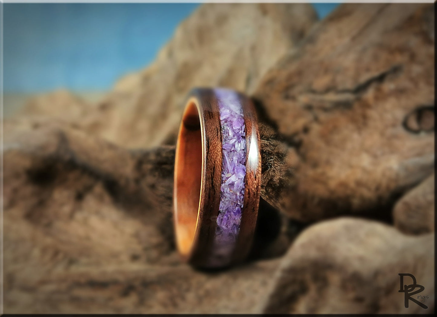 Bentwood Ring - Curly Black Walnut w/Charoite Stone inlay, on Olivewood ring core - wood ring