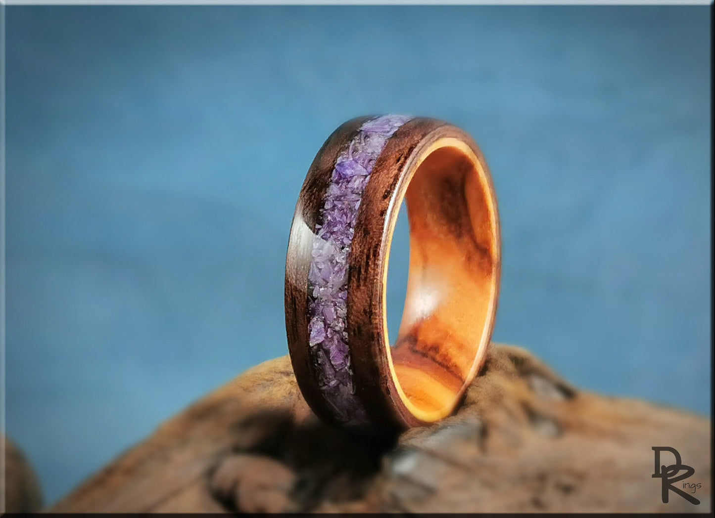 Bentwood Ring - Curly Black Walnut w/Charoite Stone inlay, on Olivewood ring core - wood ring
