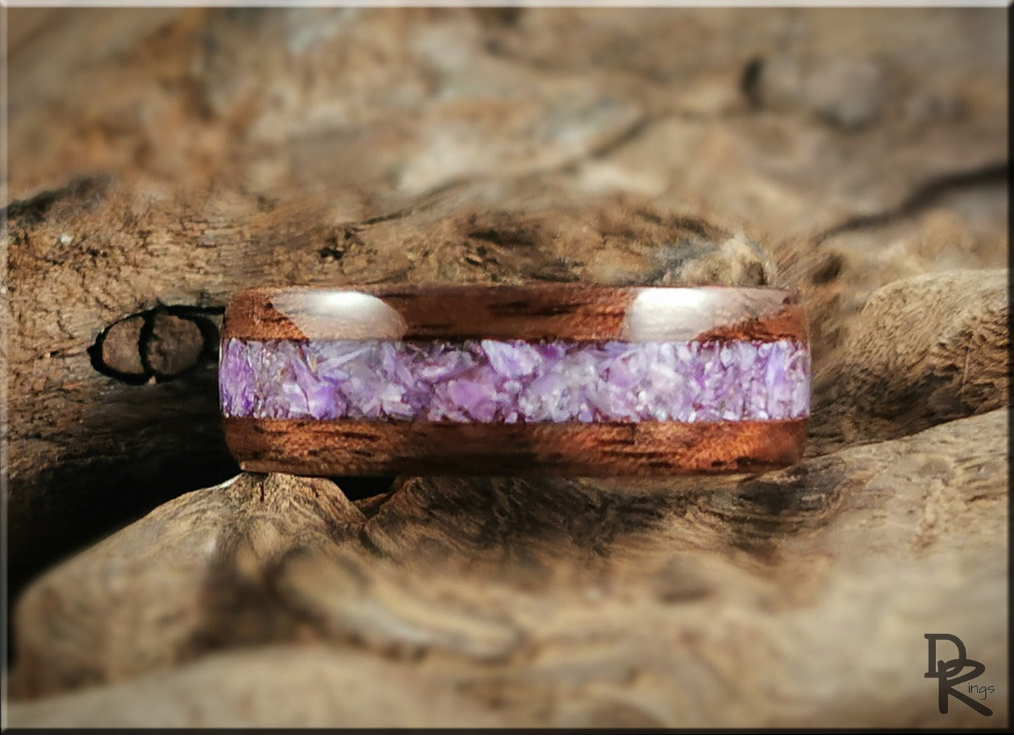 Bentwood Ring - Curly Black Walnut w/Charoite Stone inlay, on Olivewood ring core - wood ring