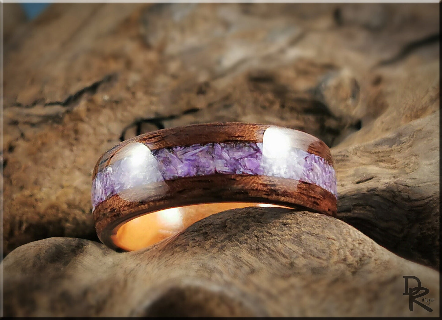 Bentwood Ring - Curly Black Walnut w/Charoite Stone inlay, on Olivewood ring core - wood ring
