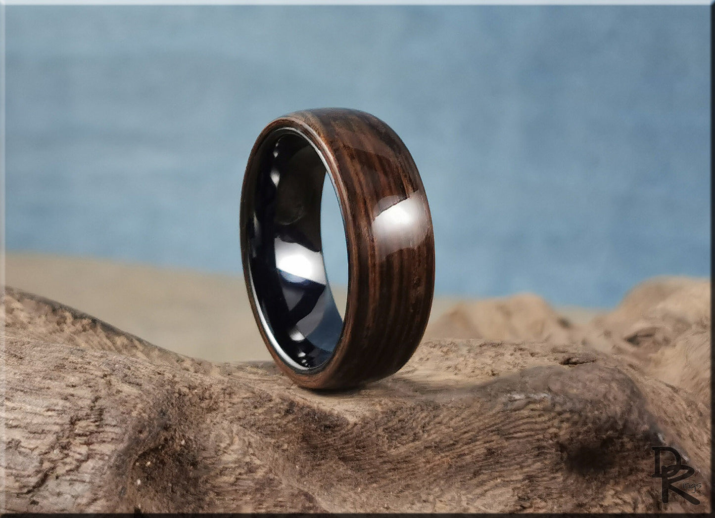 Bentwood Ring - Ancient Bog Oak on Polished Black Ceramic inner ring core - wood ring