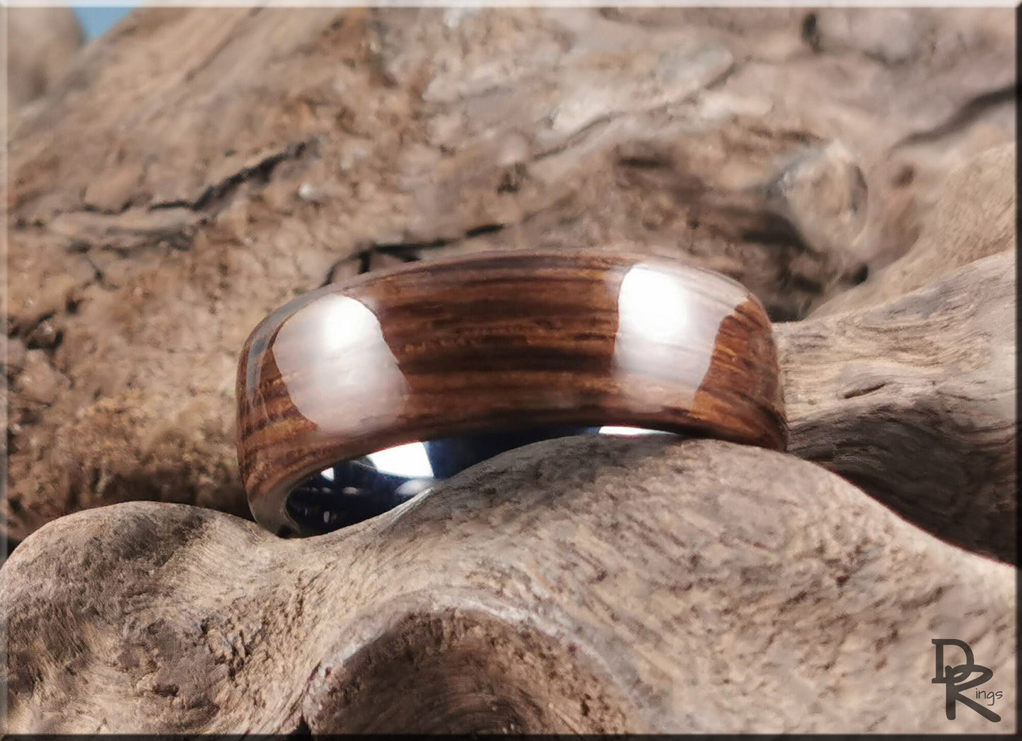 Bentwood Ring - Ancient Bog Oak on Polished Black Ceramic inner ring core - wood ring