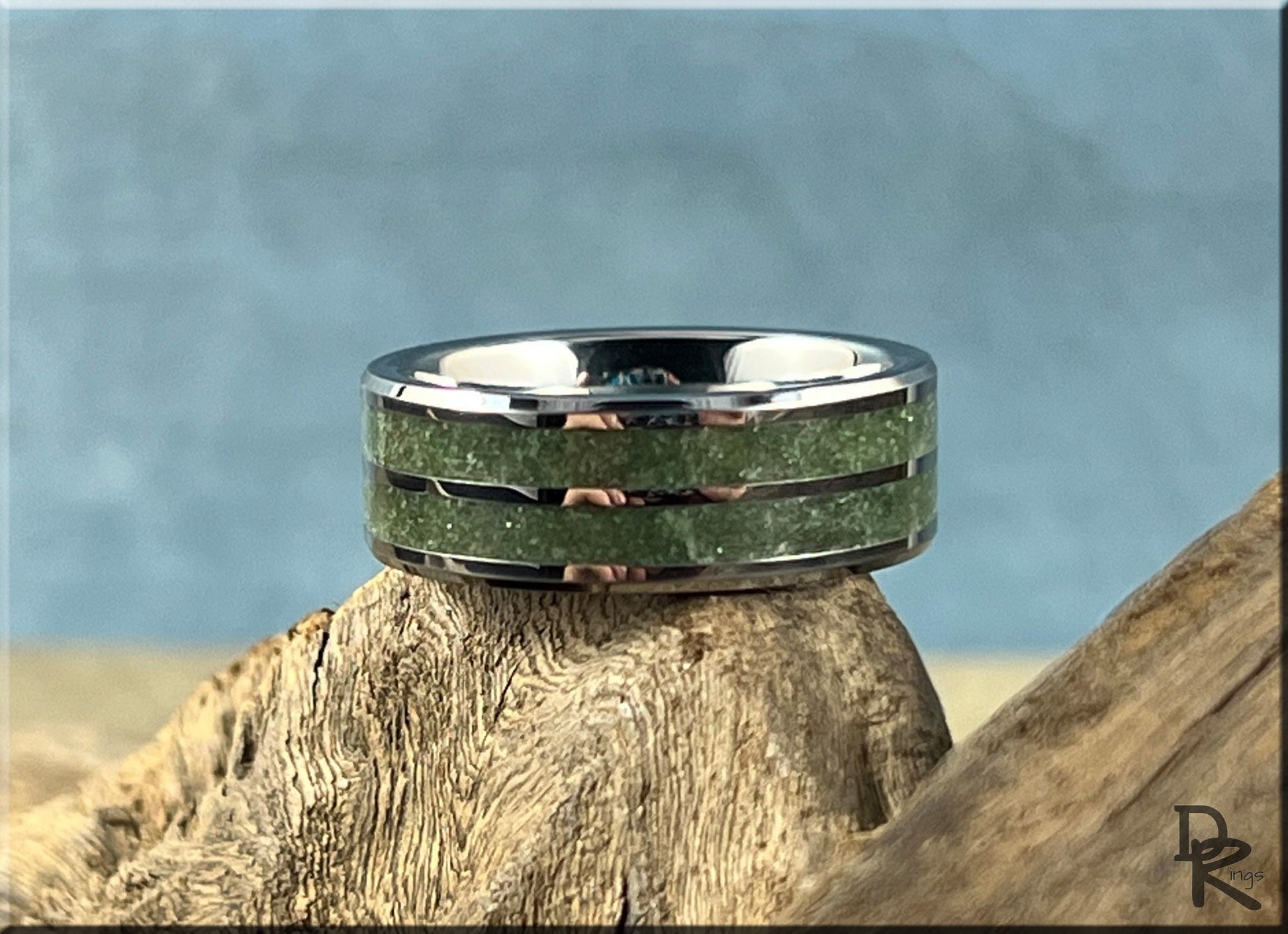 Tungsten Carbide 8mm Dual-Channel Ring with Genuine Emerald Stone inlays - metal ring