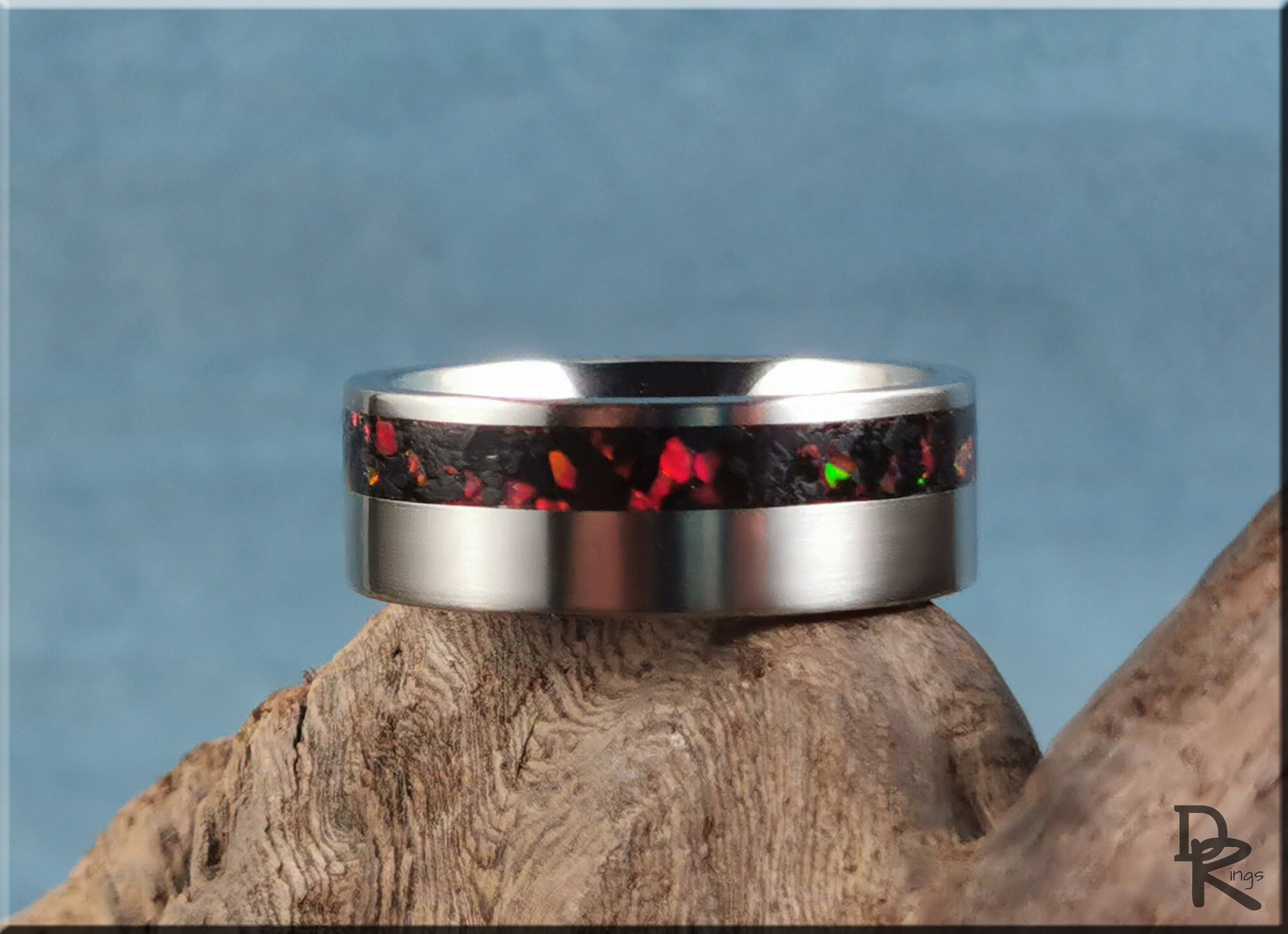Titanium Offset 8mm Channel Ring w/Black Tourmaline and Opal inlay - metal ring
